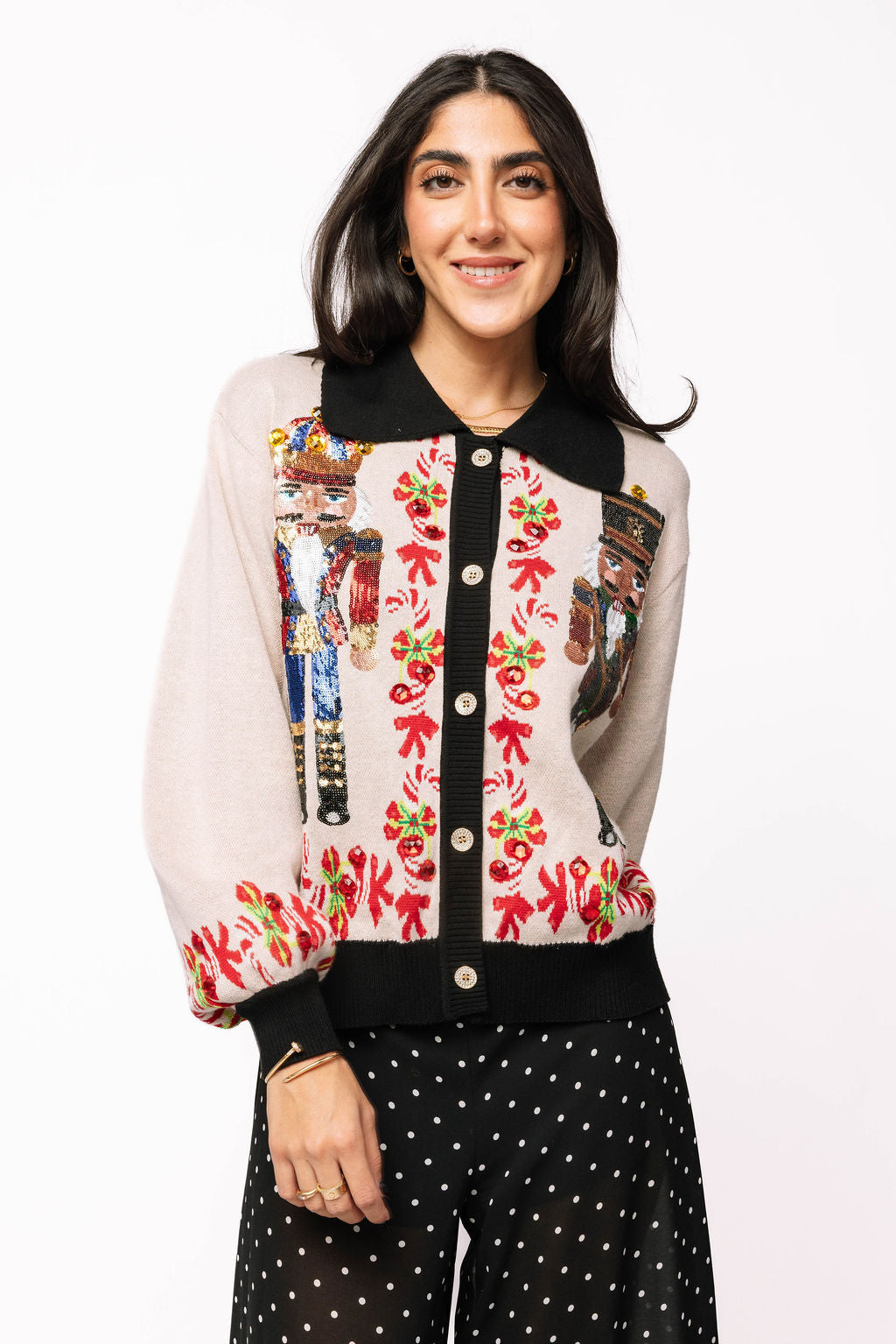 Black Trim Collar Nutcracker & Candy Cane Button Up Cardigan
