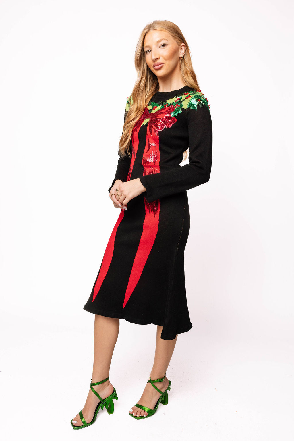 Black, Green & Red Sequin Wreath With Bow Knit Midi Dress