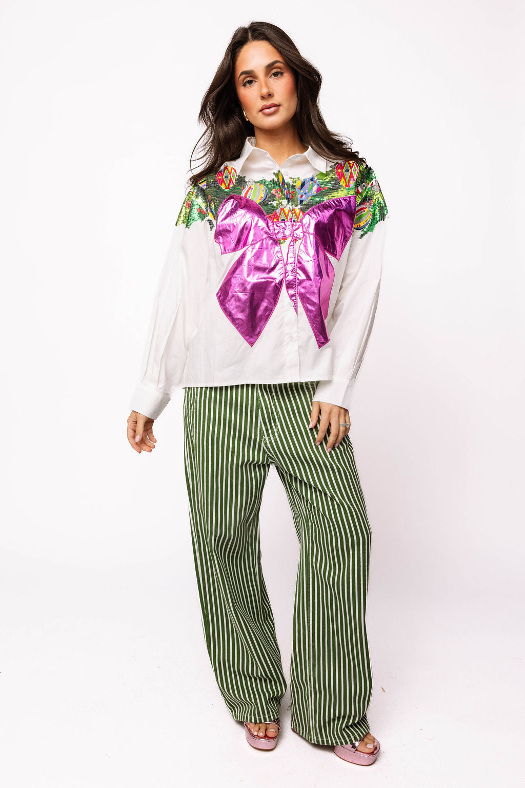 White Multi Metallic Wreath Cotton Button Up Top