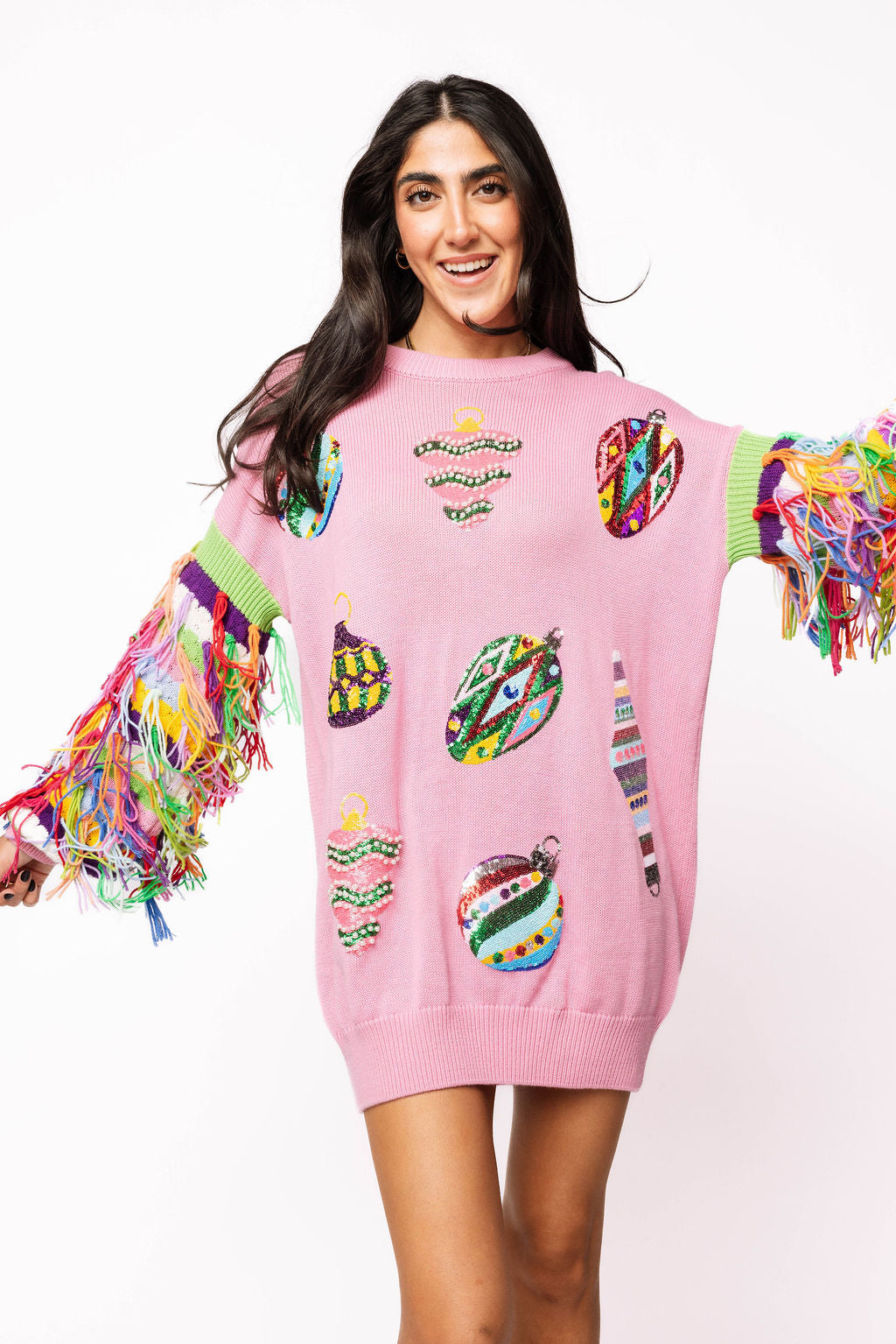 Pink Multi Jeweled Ornament Fringe Sleeve Sweater Dress