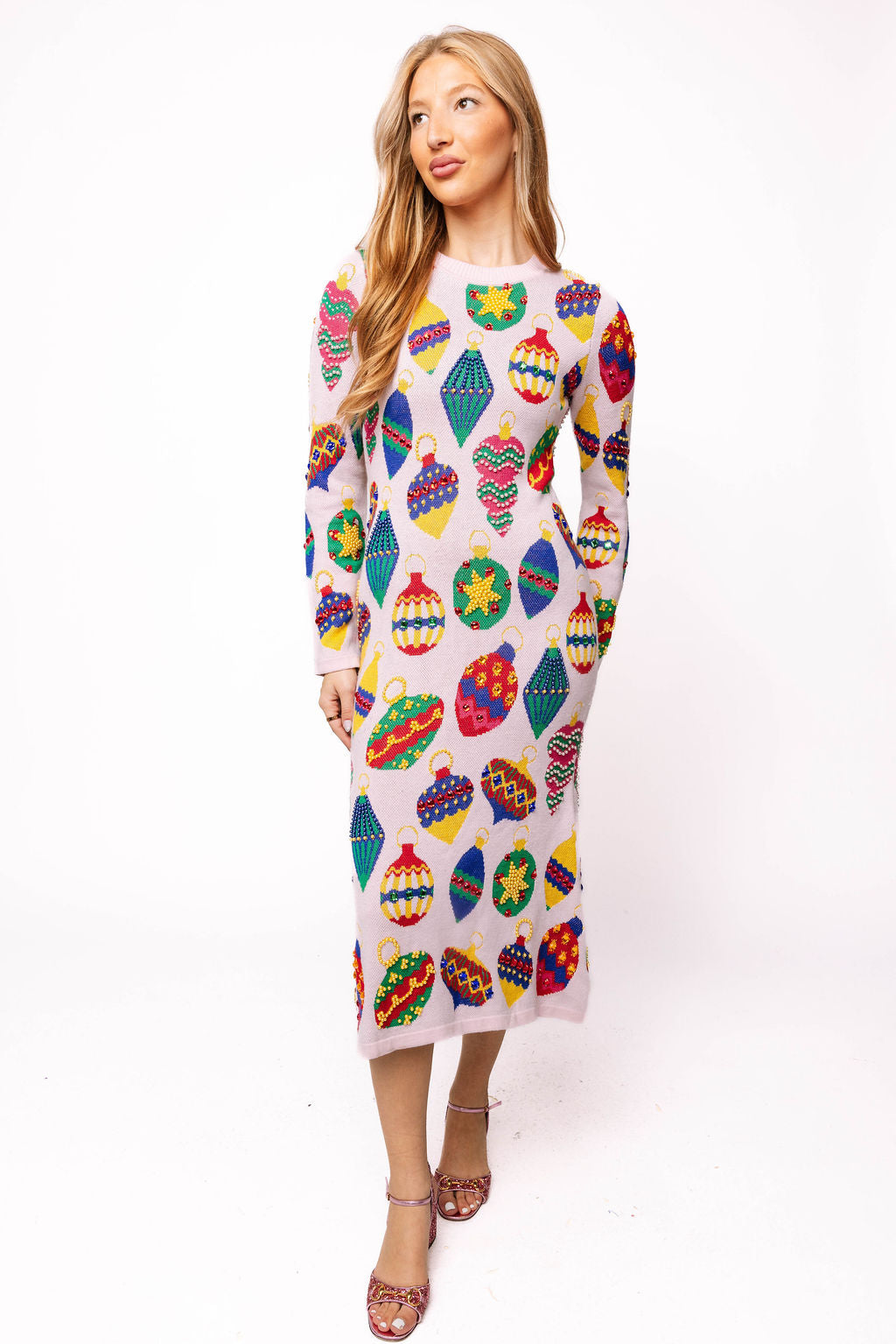 Light Pink Multi Jeweled Ornament Knit Midi Dress