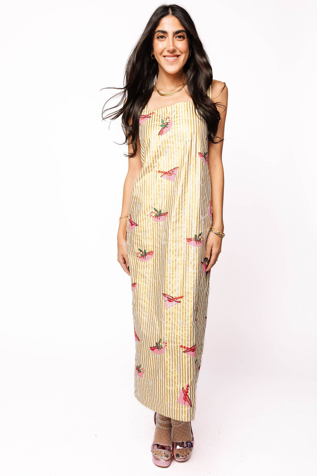 Gold Metallic Stripe Christmas Cocktail Midi Dress