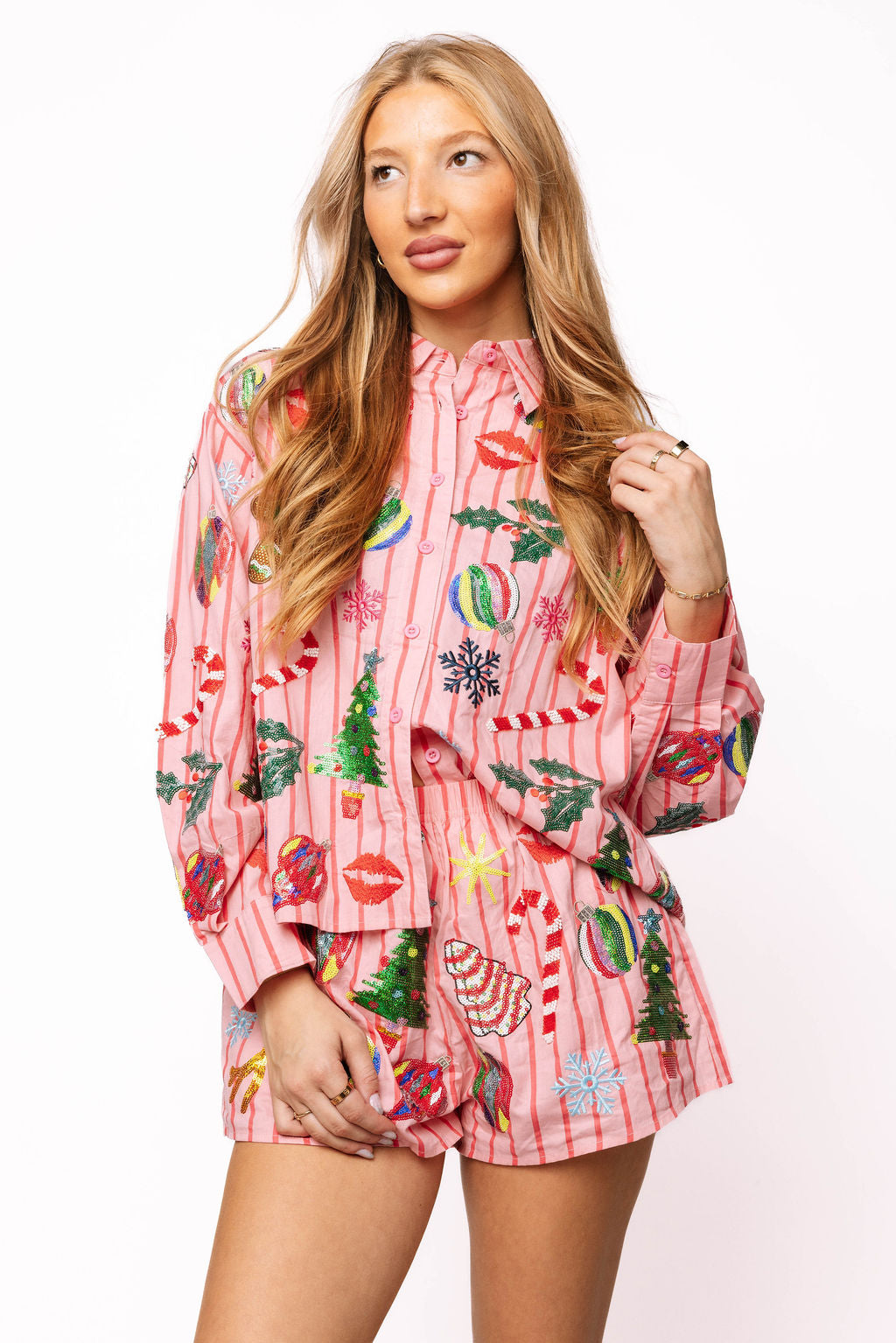 Light Pink & Red Stripe Christmas Icons Button Up Top