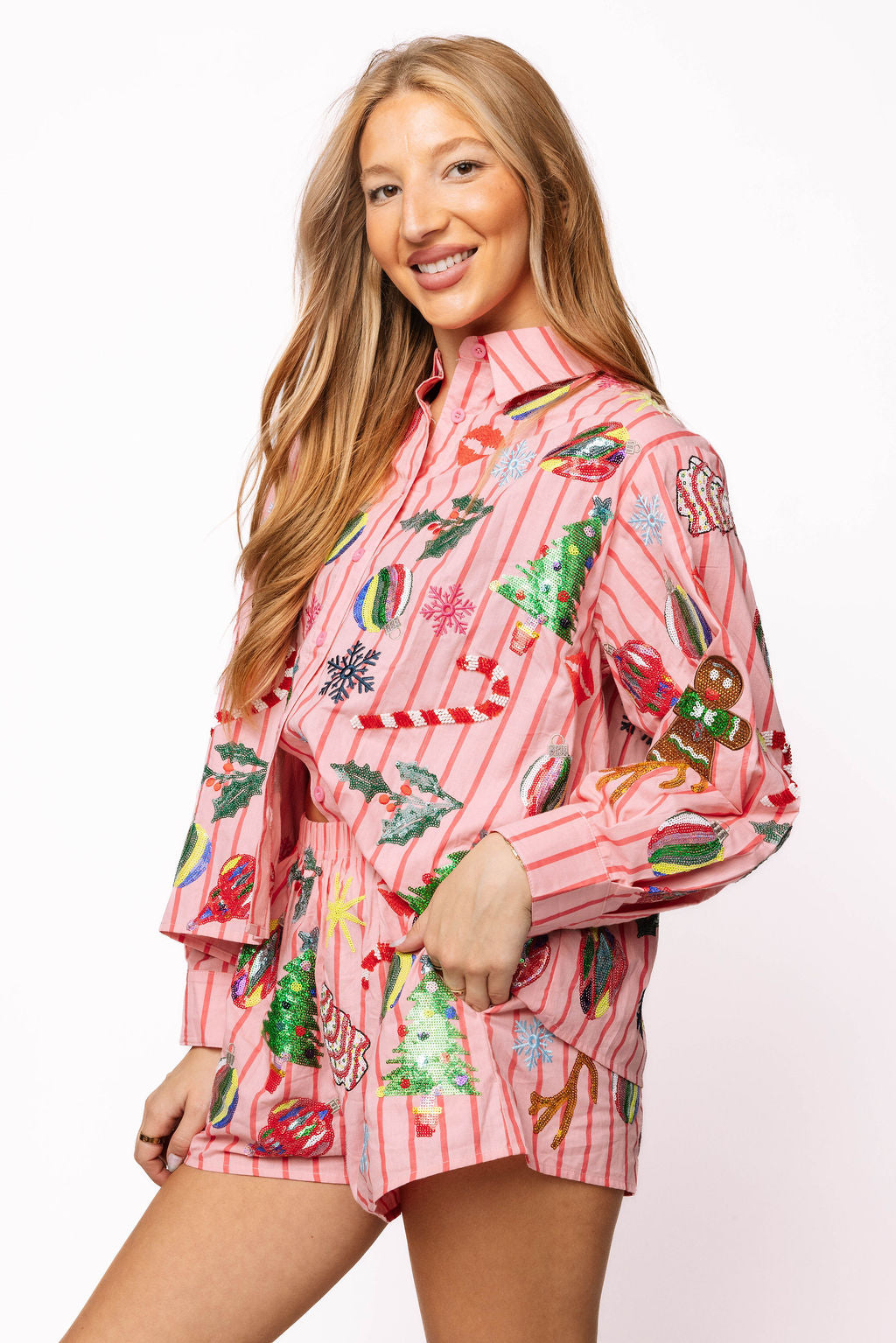 Light Pink & Red Stripe Christmas Icons Cotton Shorts