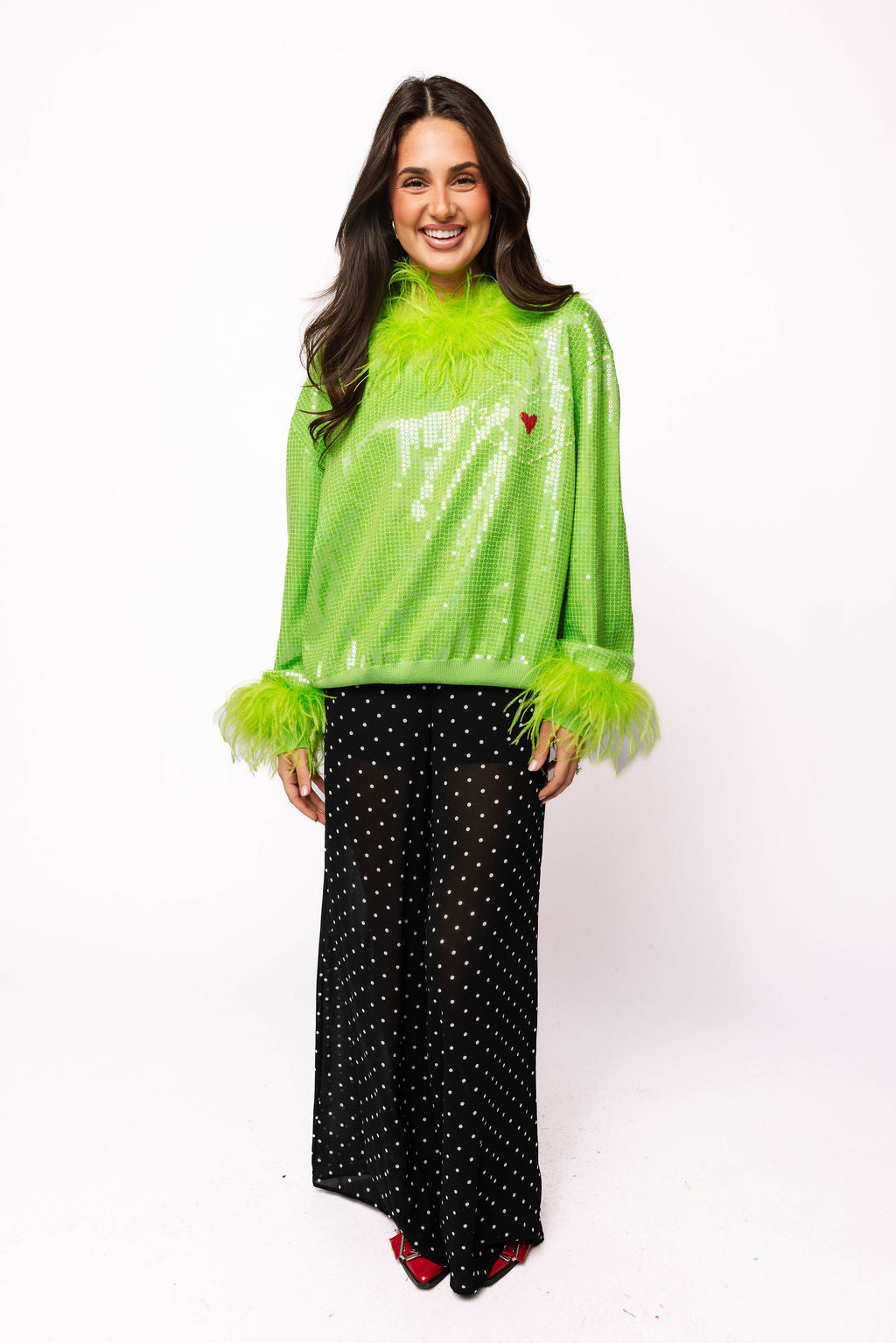 Green Full Sequin Feather Trim Grinch Heart Sweater