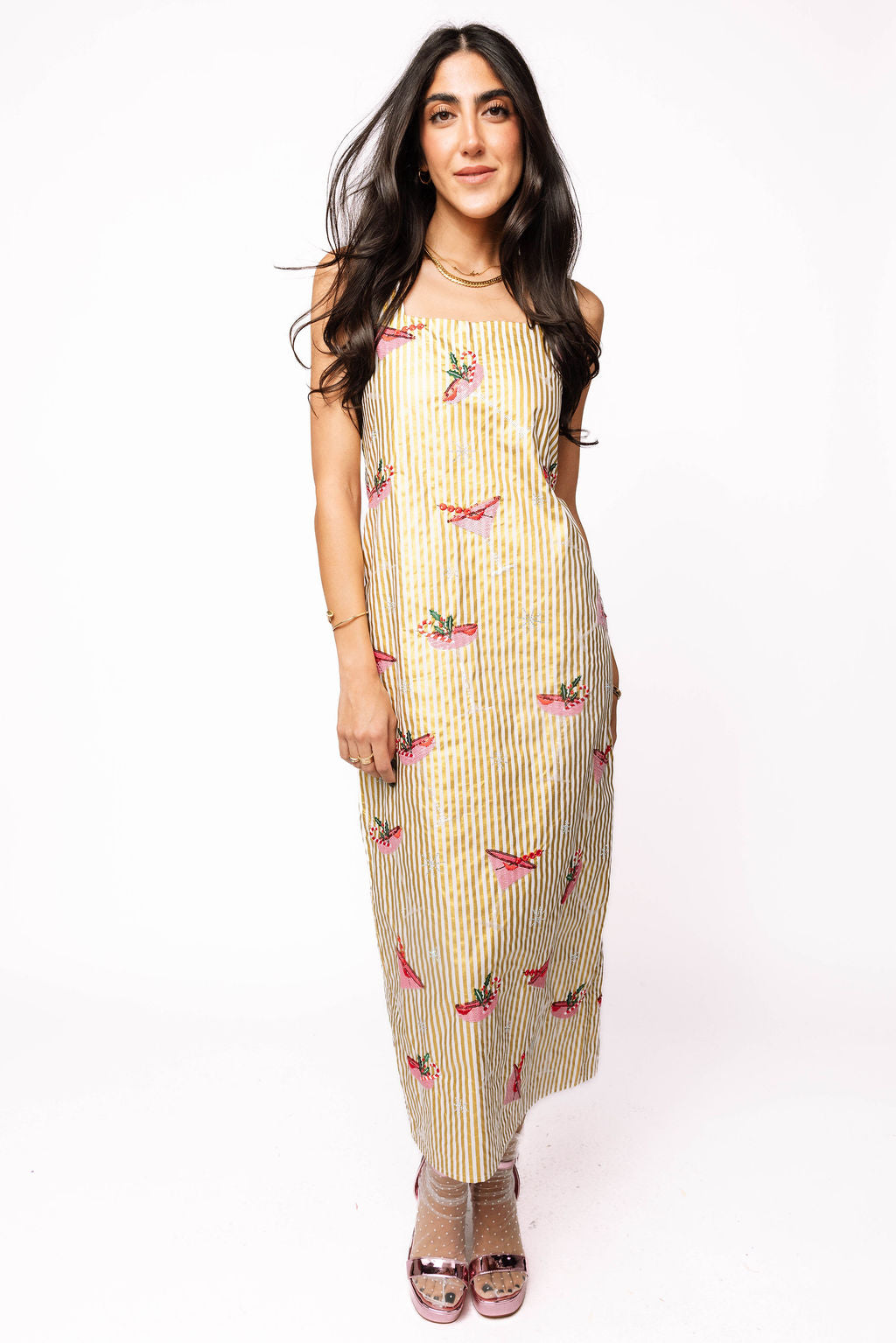 Gold Metallic Stripe Christmas Cocktail Midi Dress