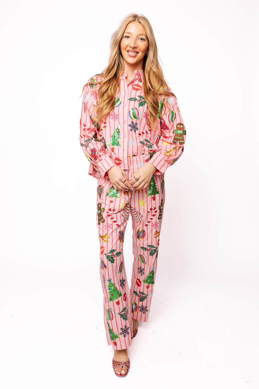 Light Pink & Red Stripe Christmas Icons Cotton Pant