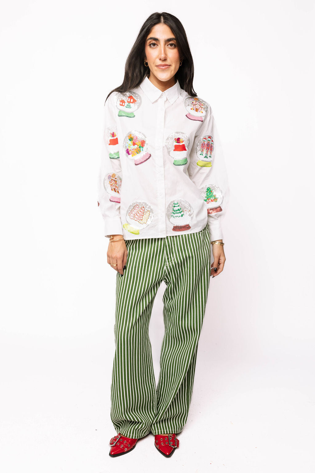 White Cotton Snow Globe Button Up Long Sleeve Top