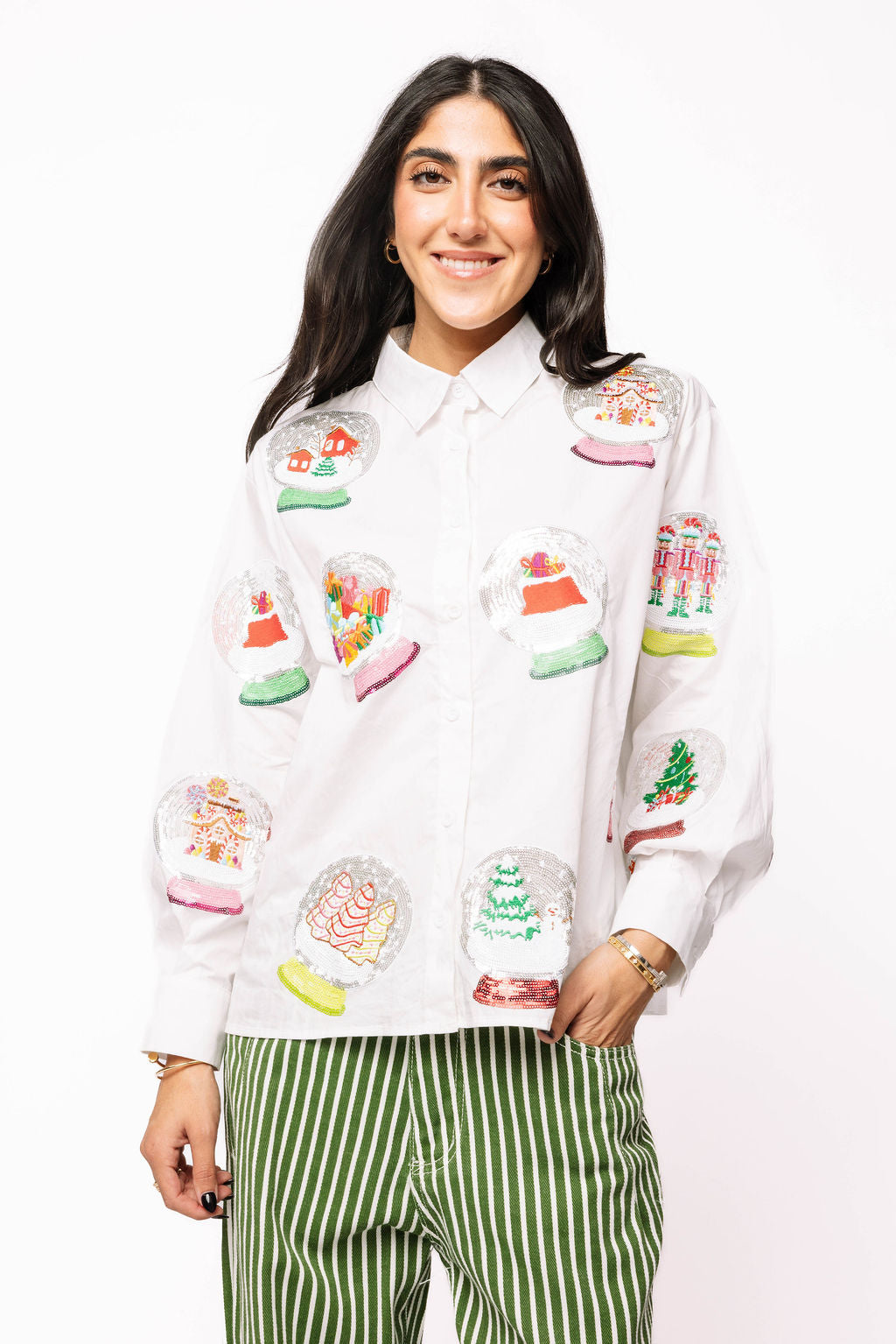 White Cotton Snow Globe Button Up Long Sleeve Top
