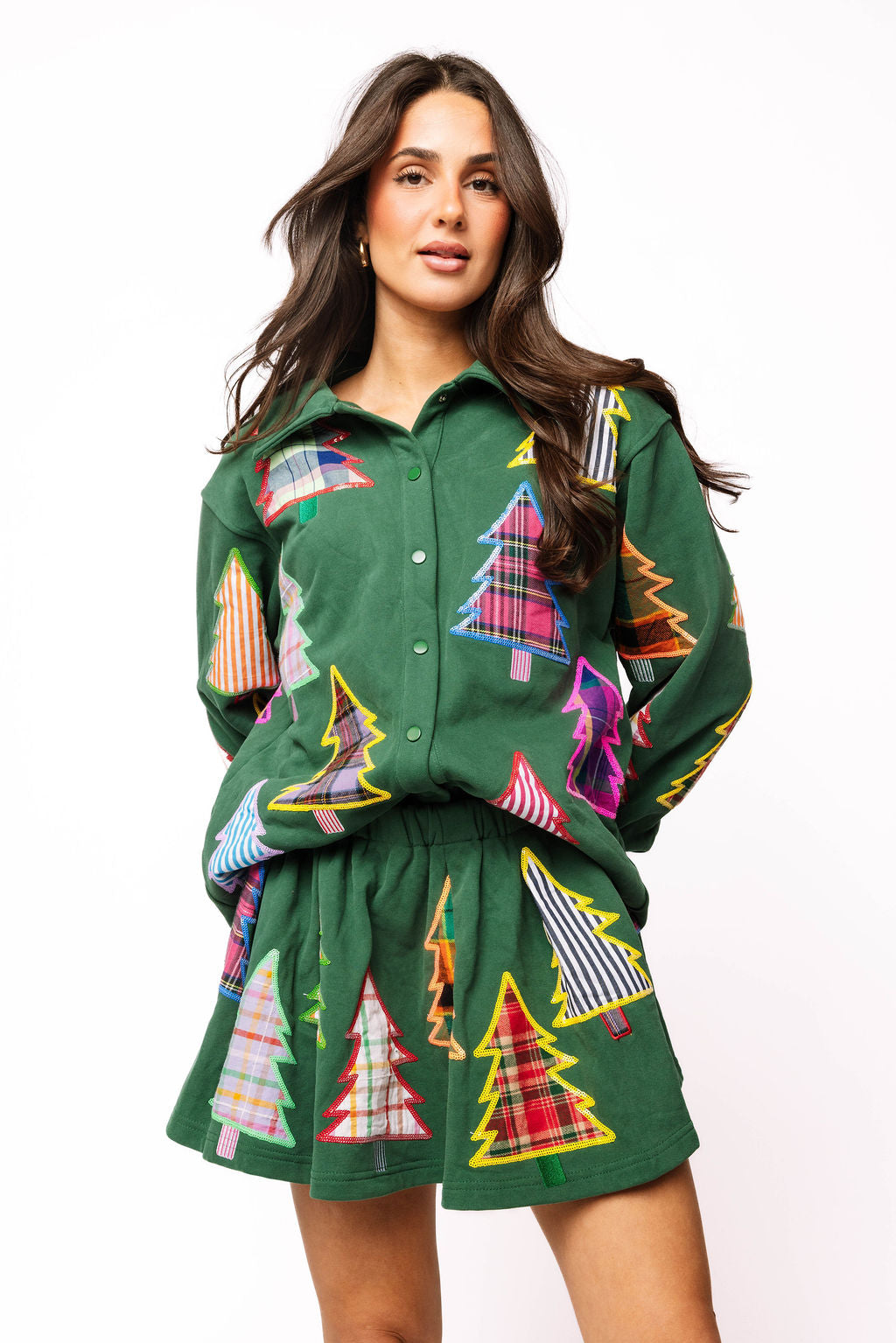 Dark Green Multi Plaid & Stripe Christmas Tree Button Up Shacket