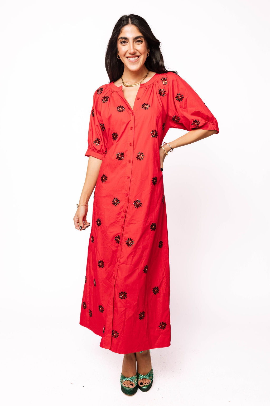 Red Scattered Jeweled Poinsettia Cotton Button Up Midi Dress