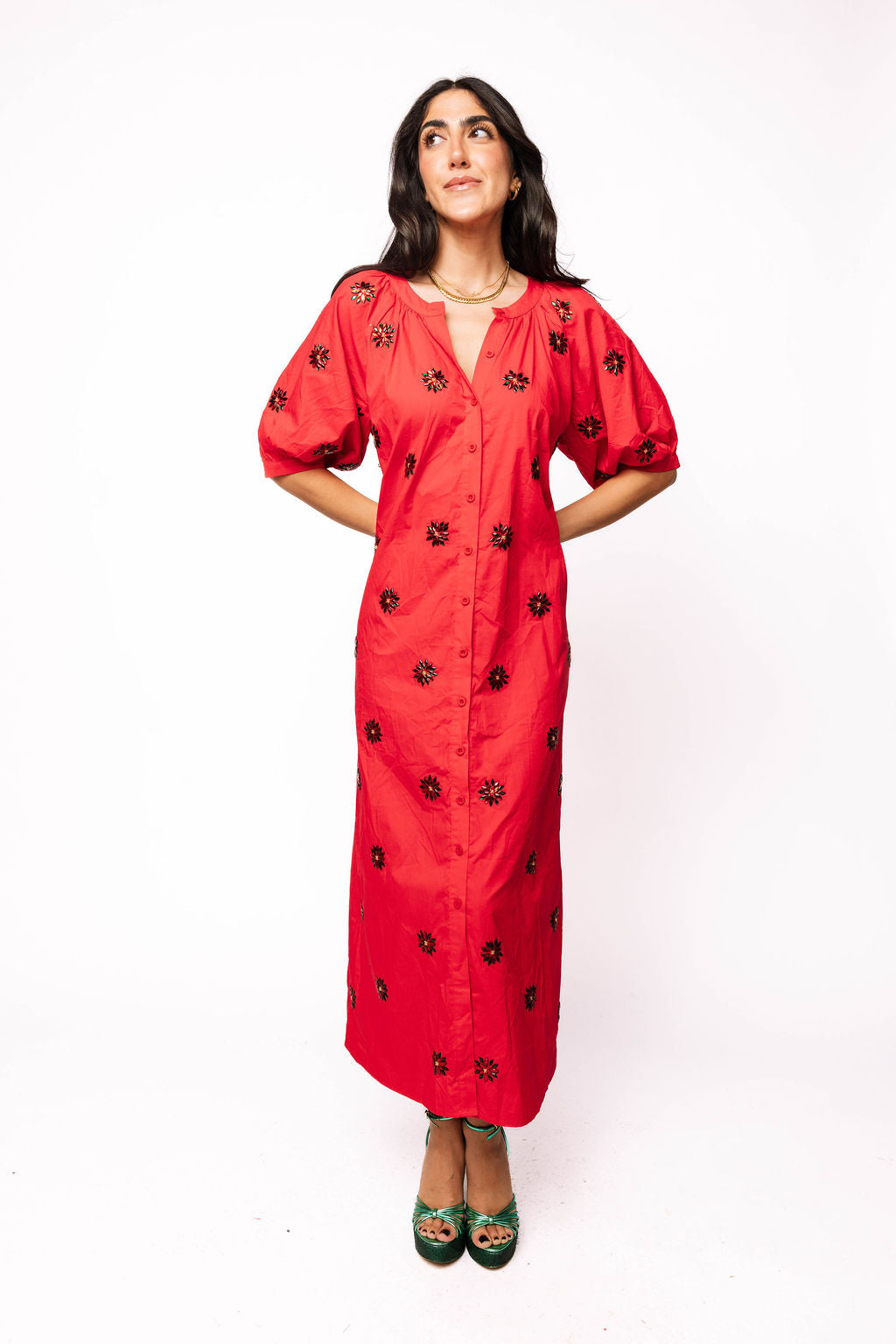 Red Scattered Jeweled Poinsettia Cotton Button Up Midi Dress