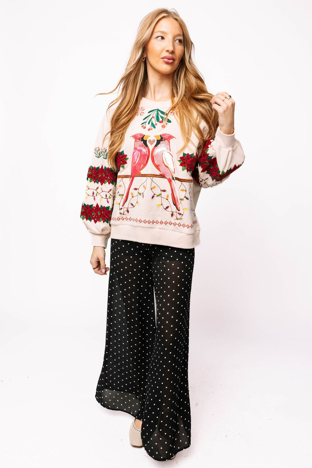 Beige Christmas Cardinals Under Mistletoe Sweatshirt