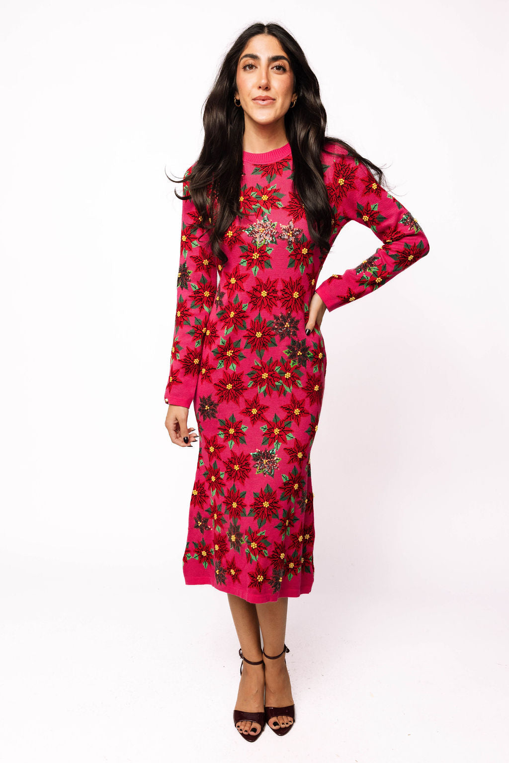 Pink & Red Poinsettia Knit Midi Dress