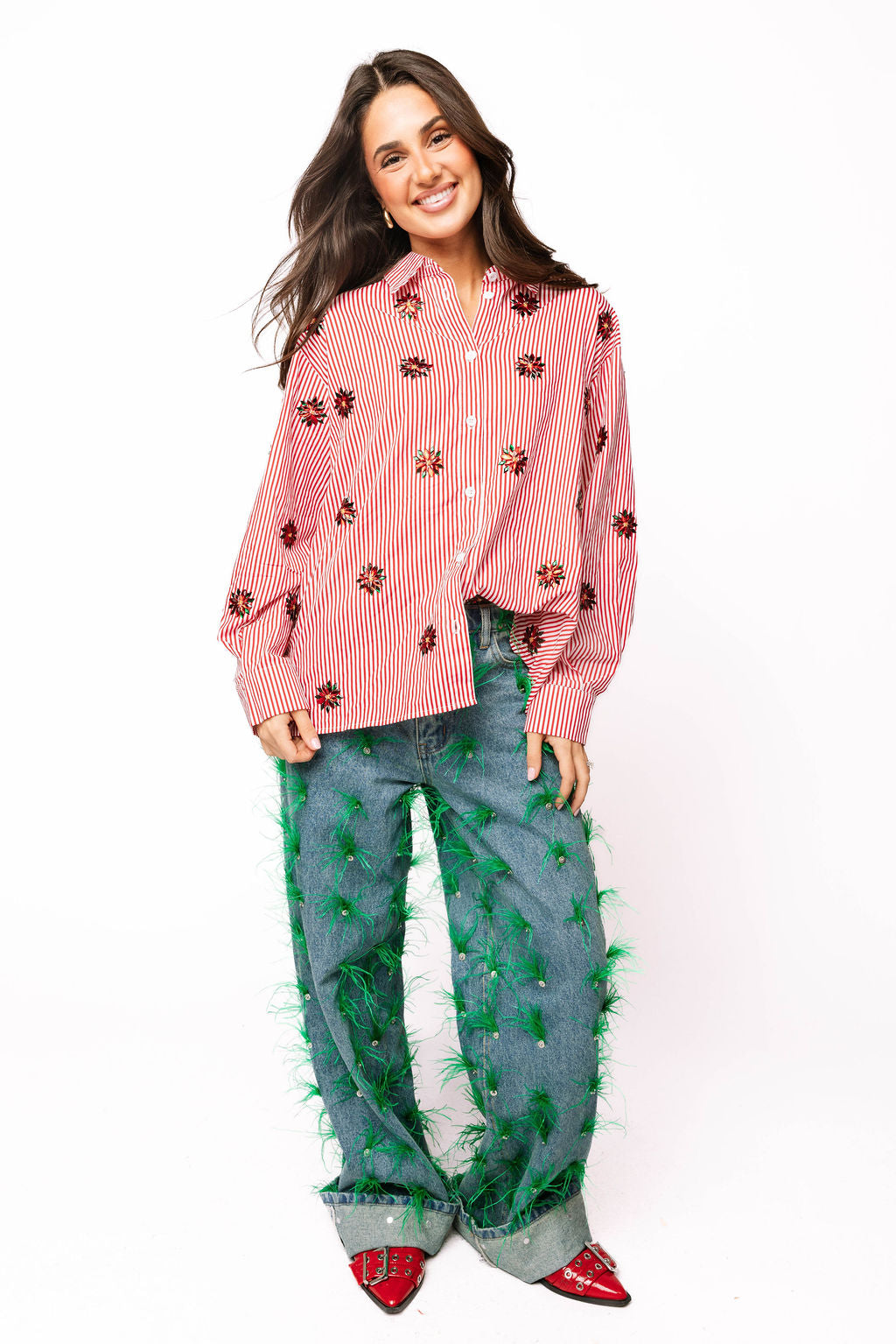 Red & White Striped Scattered Jeweled Poinsettia Button Up Collar Top