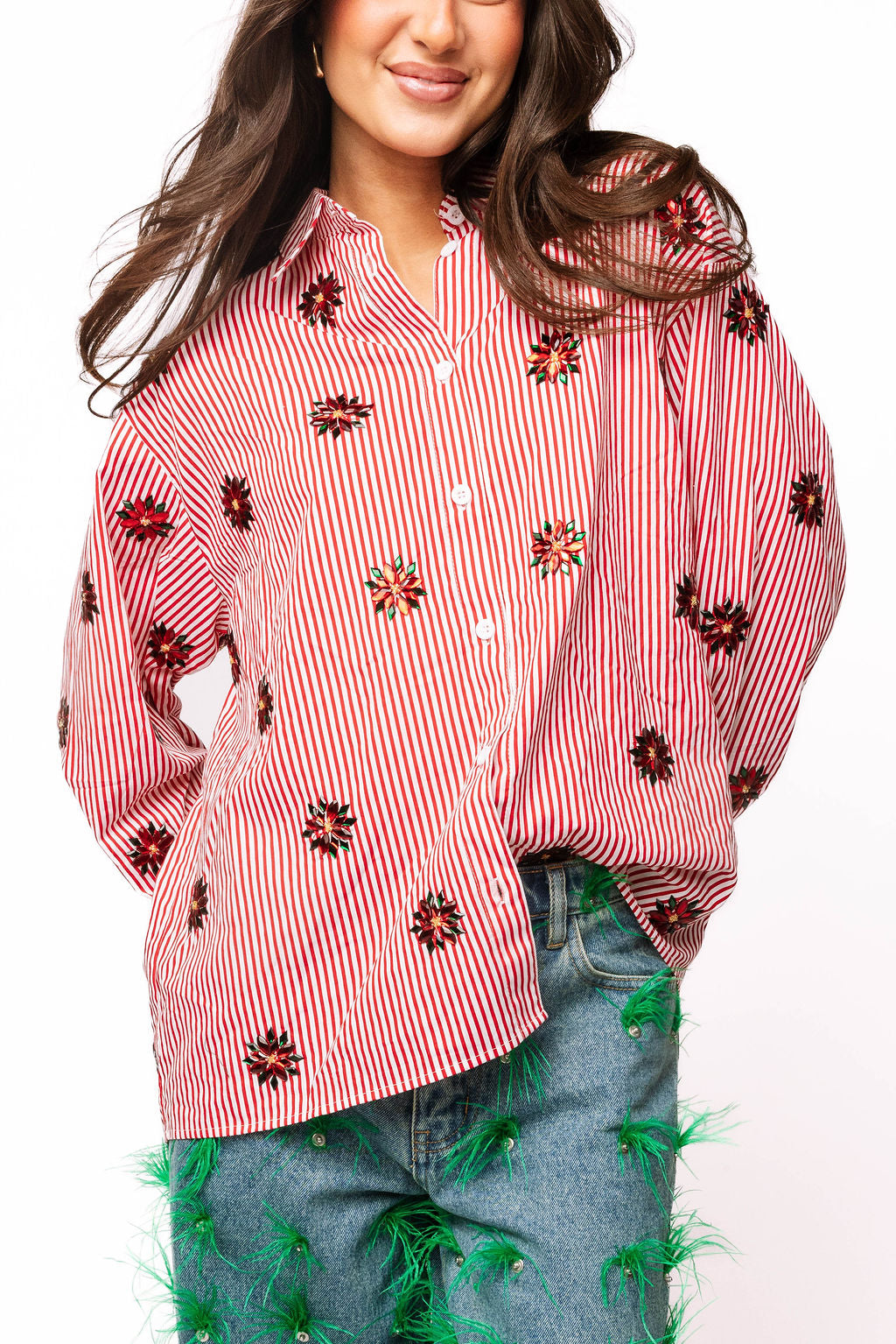 Red & White Striped Scattered Jeweled Poinsettia Button Up Collar Top