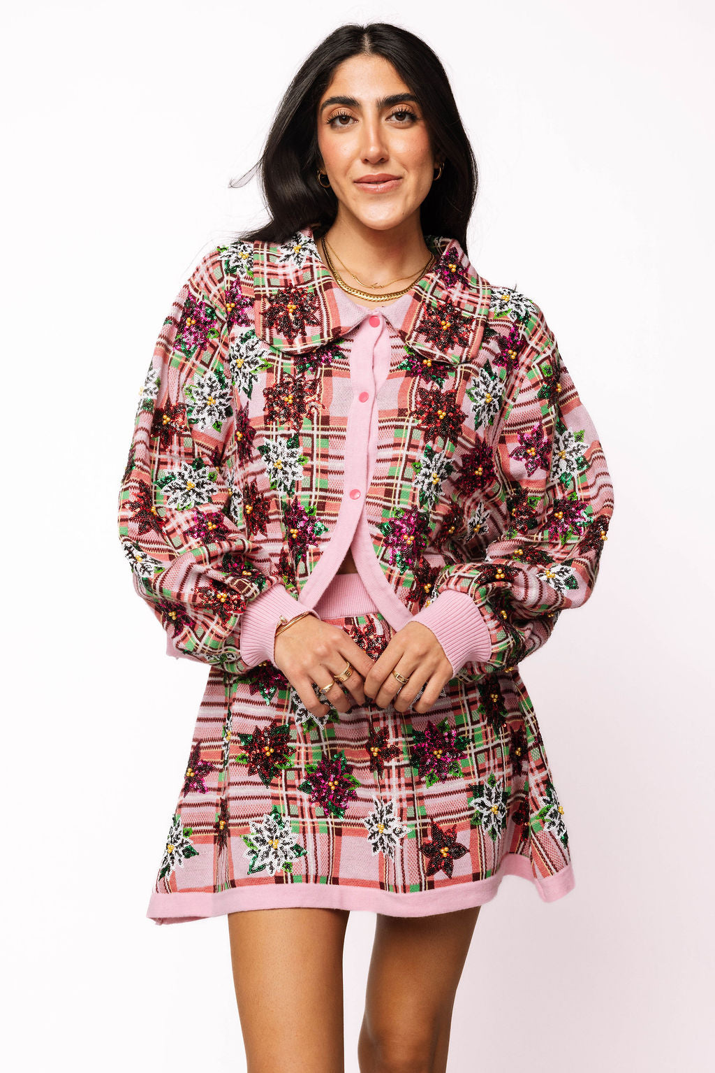 Pink Plaid Poinsettia Skirt