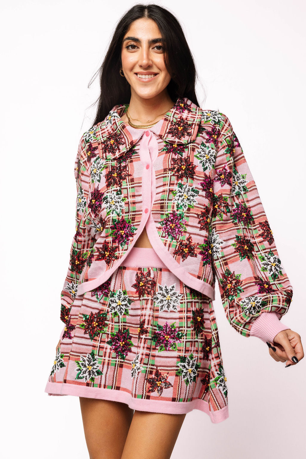 Pink Plaid Poinsettia Button Up Collar Sweater