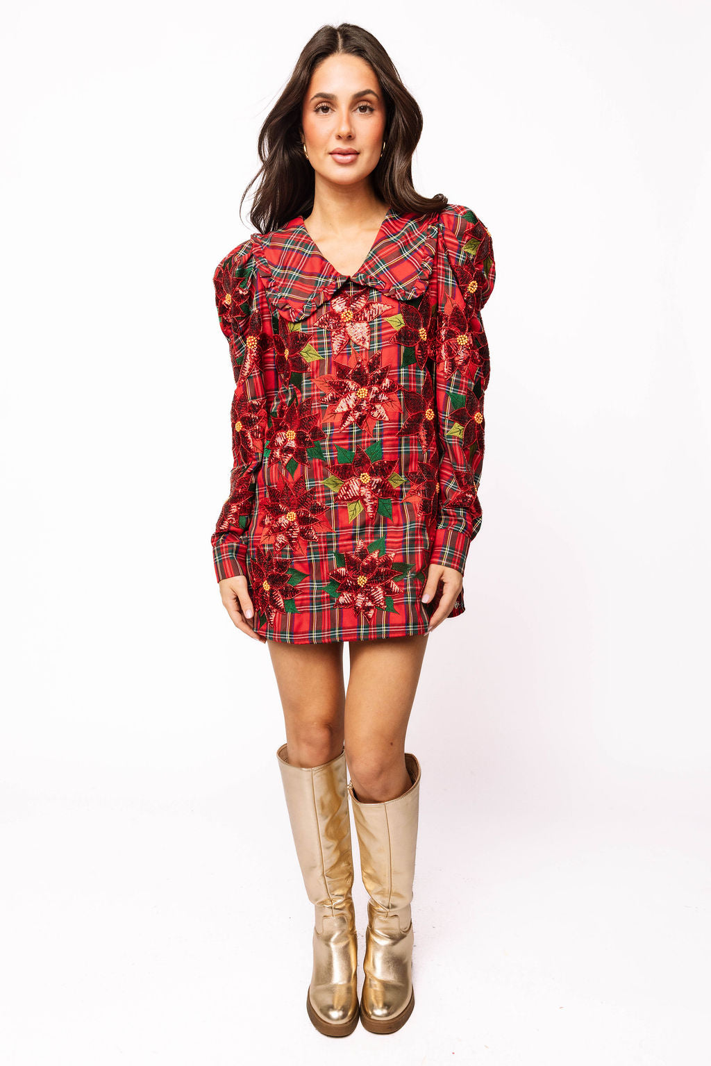 Red Plaid Poinsettia Oversized Collar Poof Sleeve Dress