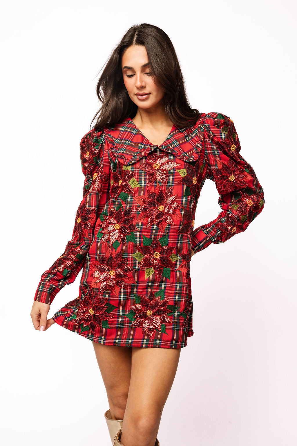 Red Plaid Poinsettia Oversized Collar Poof Sleeve Dress