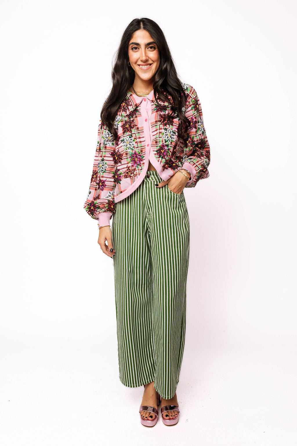 Pink Plaid Poinsettia Button Up Collar Sweater