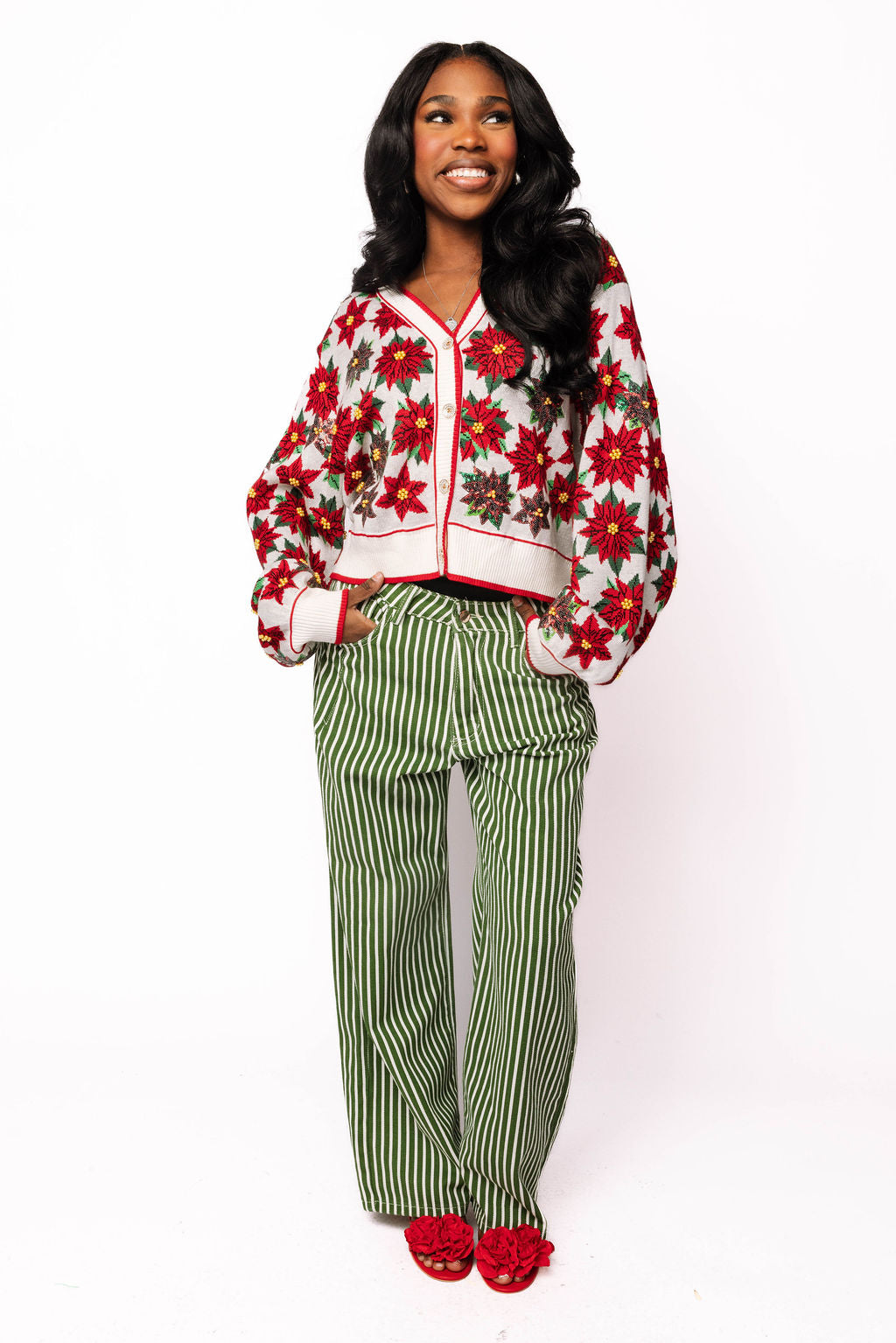 White & Red Poinsettia Button Up Cardigan