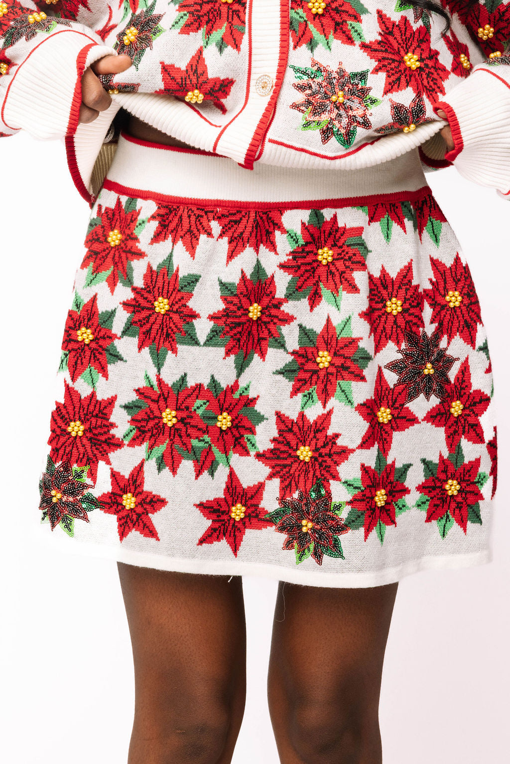White & Red Poinsettia Knit Skirt