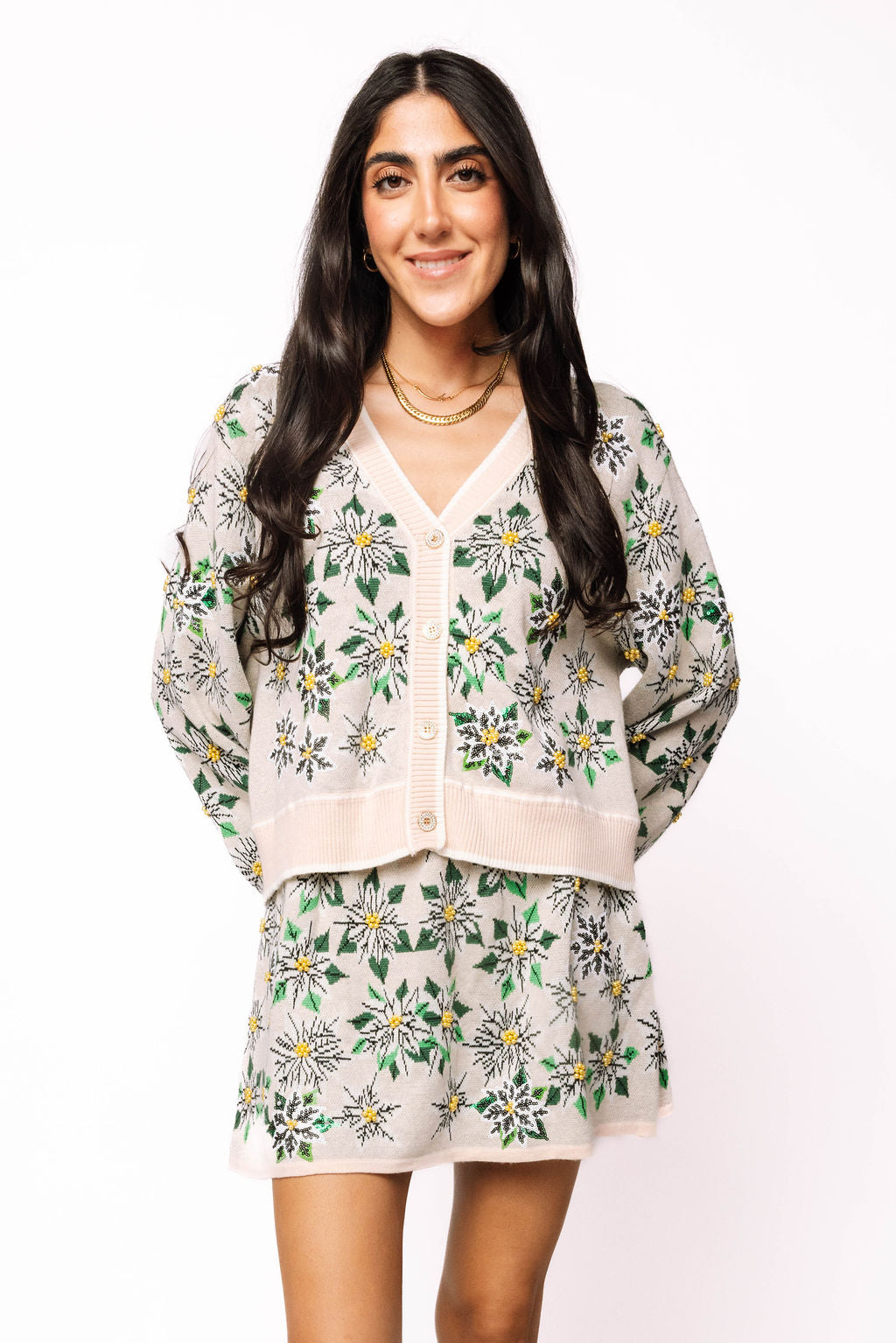 Ivory & Green Poinsettia Button Up Cardigan