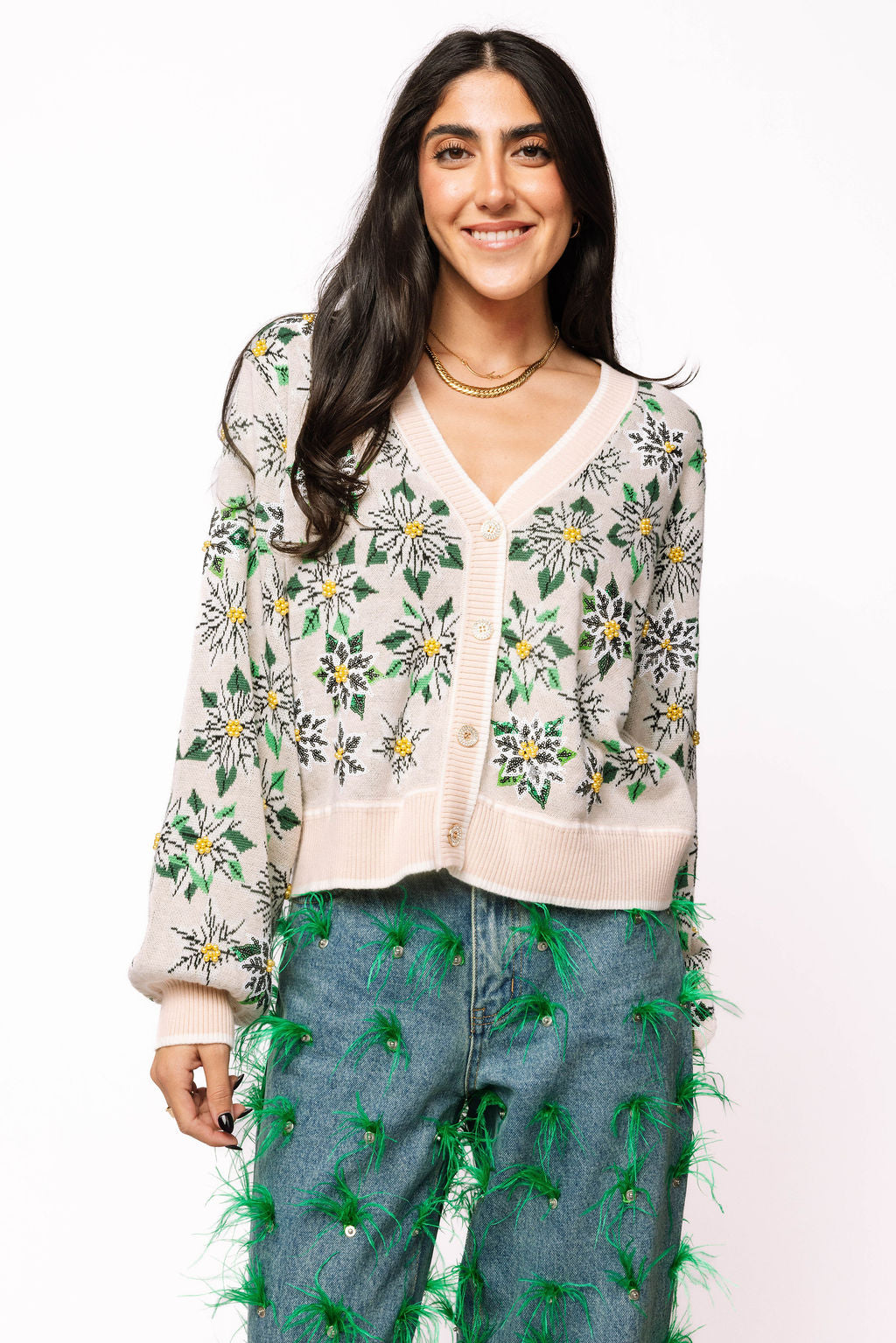 Ivory & Green Poinsettia Button Up Cardigan