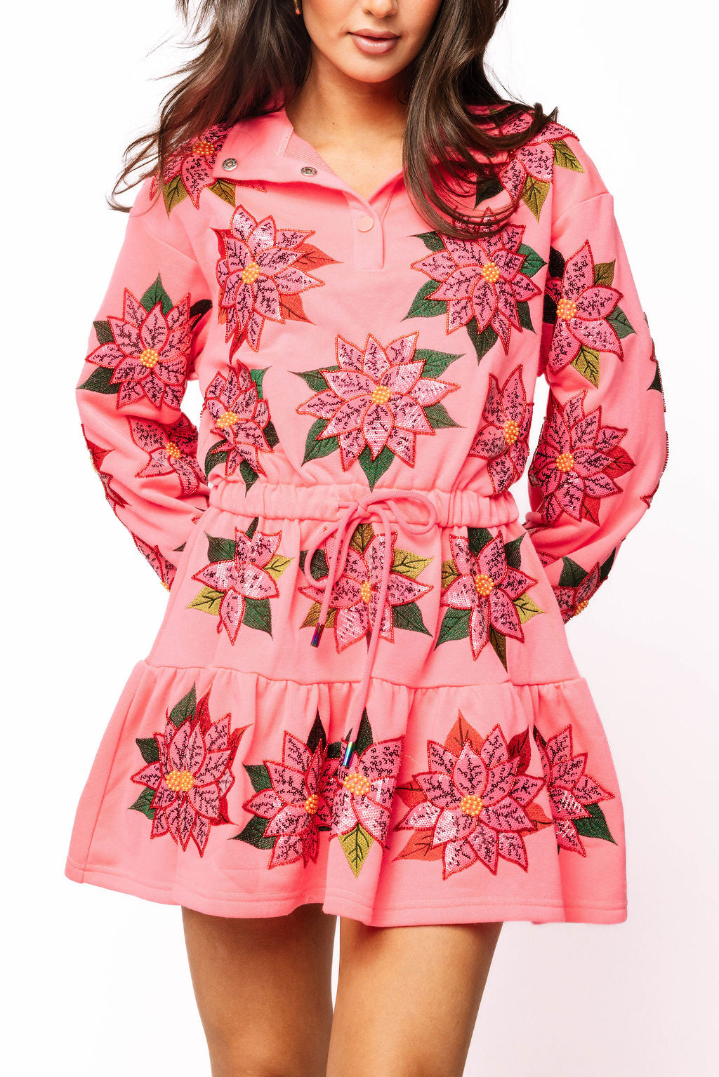 Neon Pink Poinsettia Button Up Mock Neck Tie Sweatshirt Dress