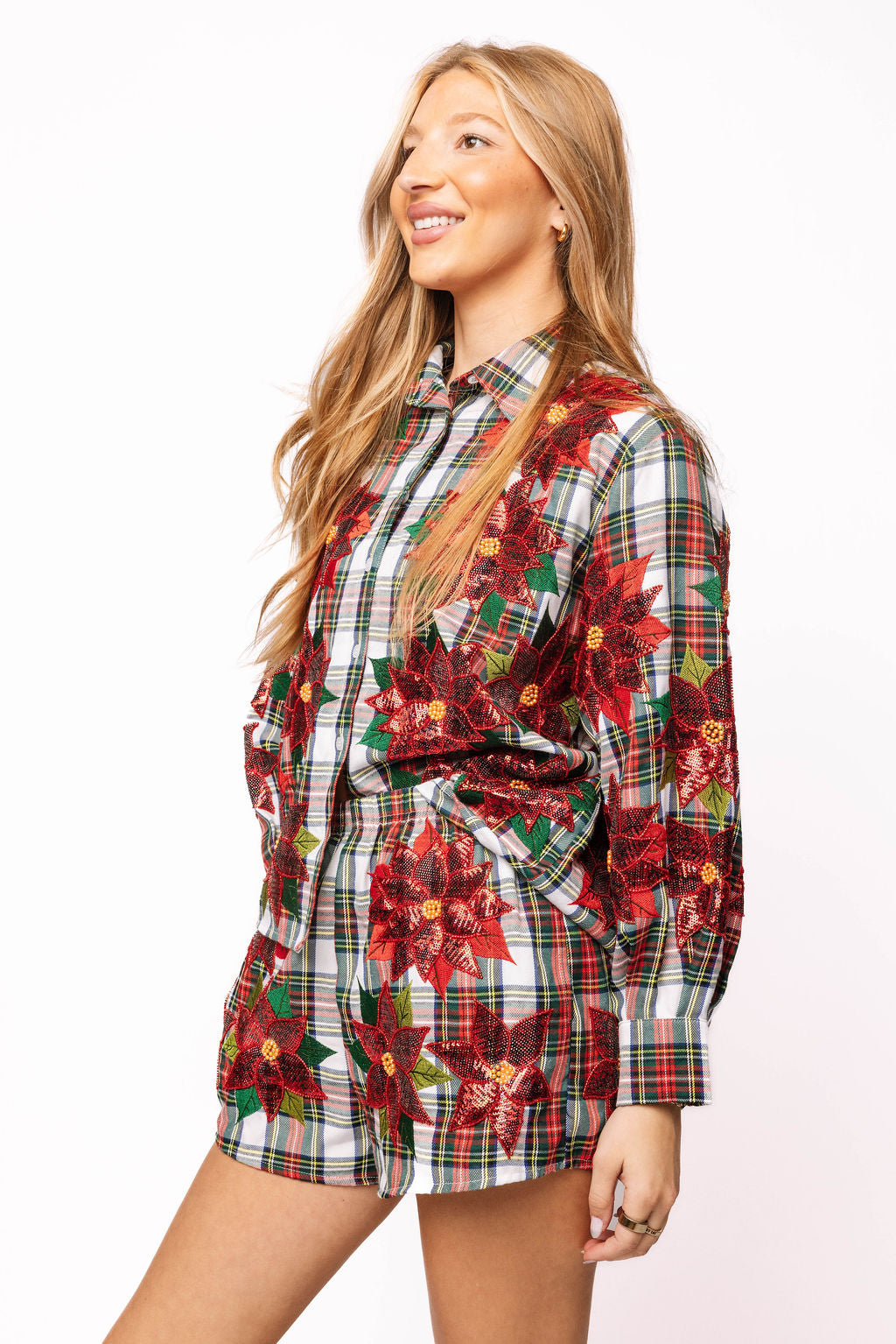 Red, Green & White Plaid Poinsettia Cotton Short