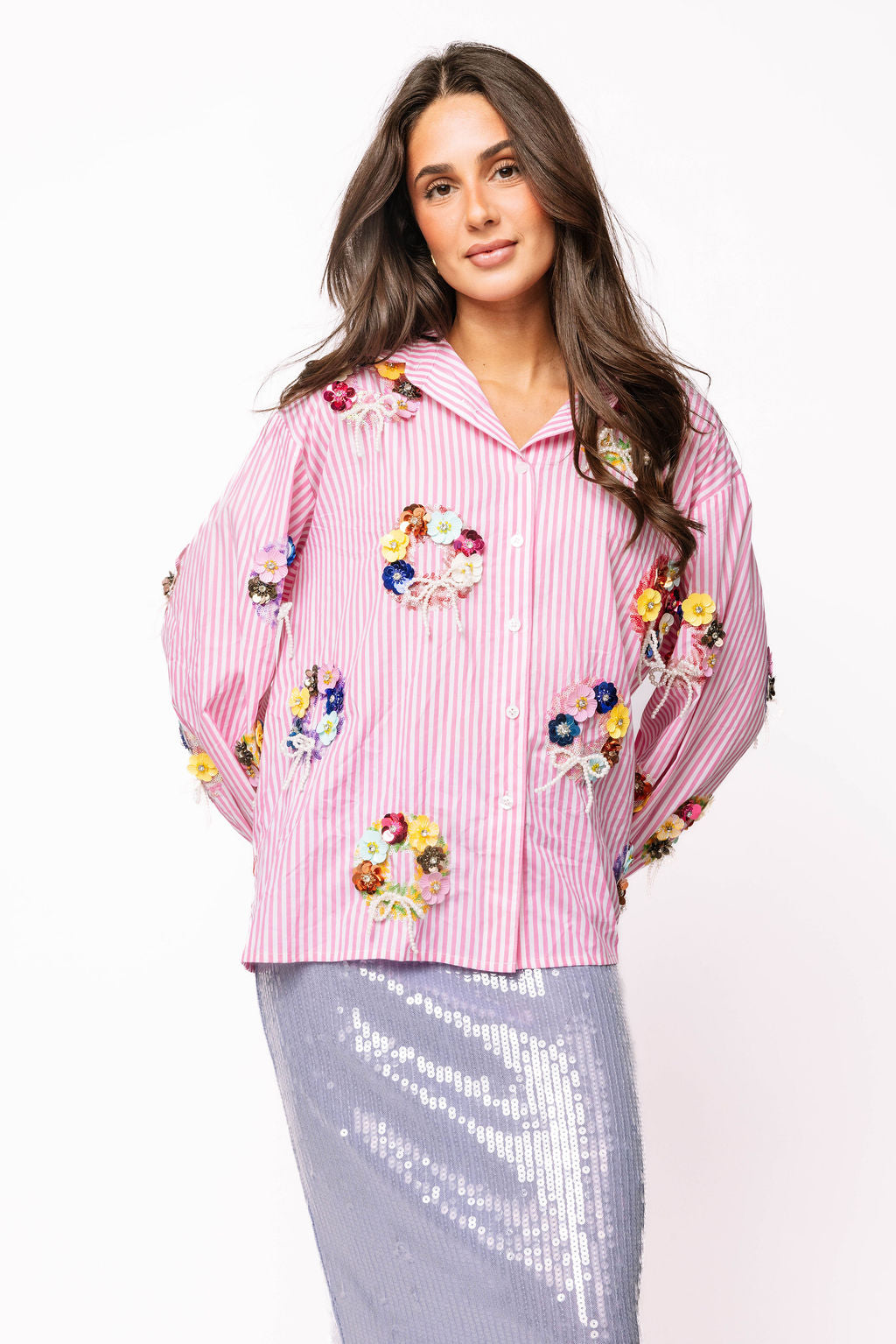 Pink & White Stripe Sequin Flower Wreath Cotton Button Up Top