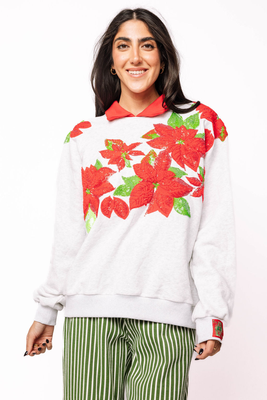 Grey & Red Collar Poinsettia Sweatshirt
