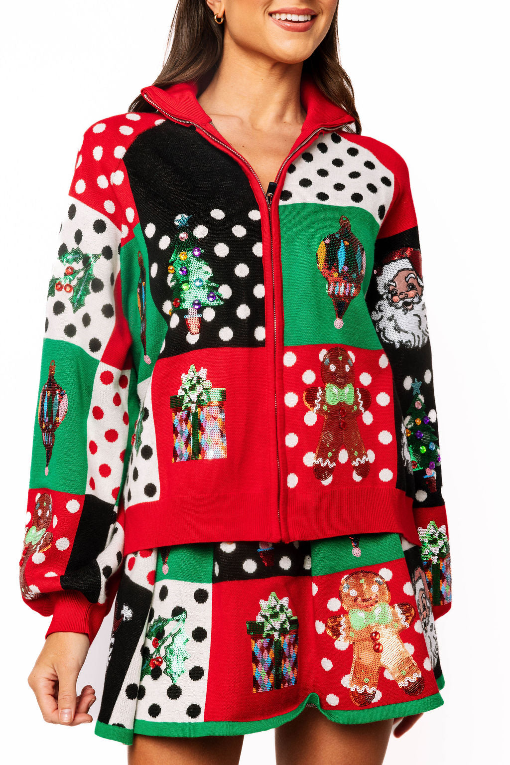 Multi Colorblock Polka Dot Christmas Icon Collar Sweater