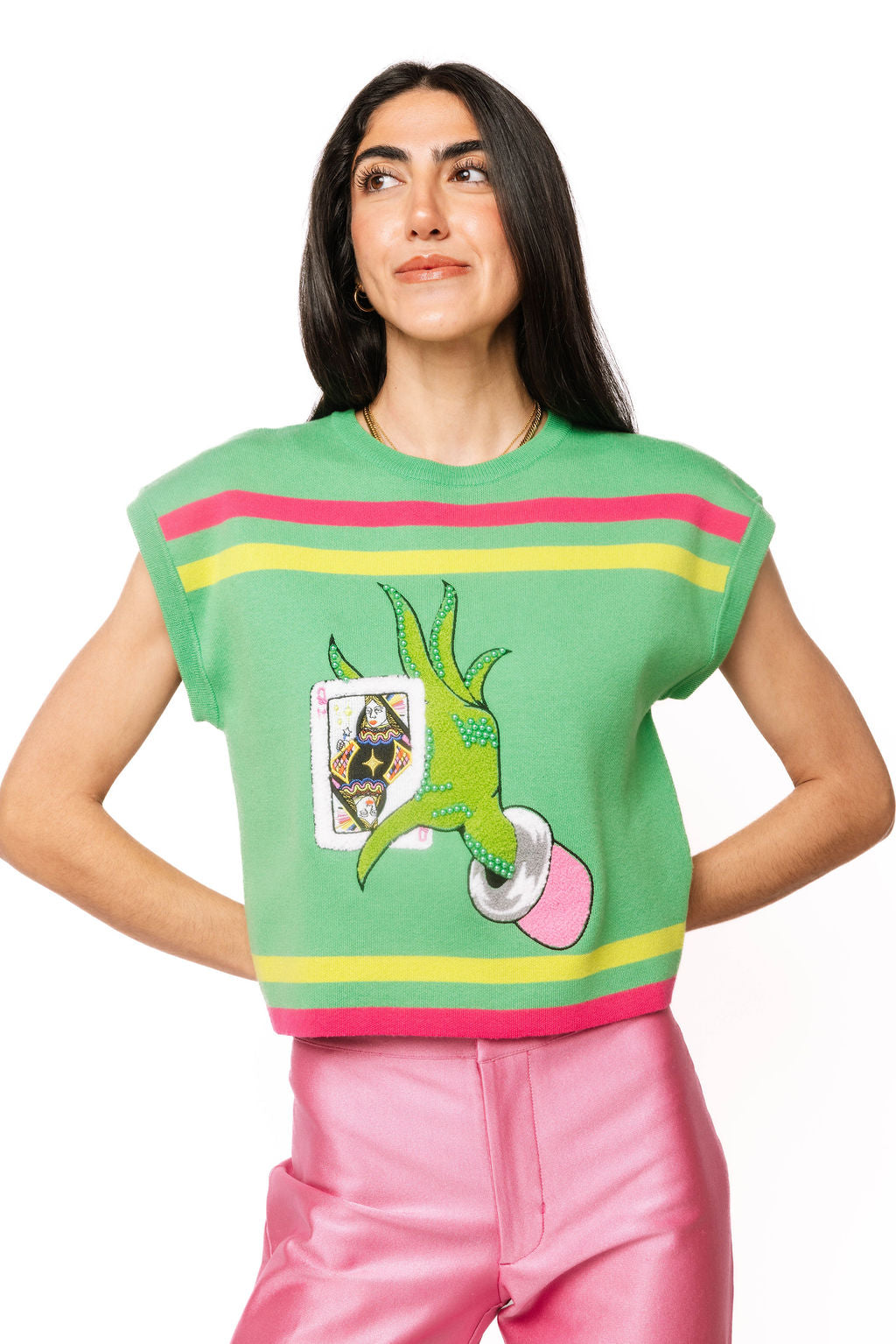 Sample Green & Pink Striped Green Hand Holding QOS Card Knit Top
