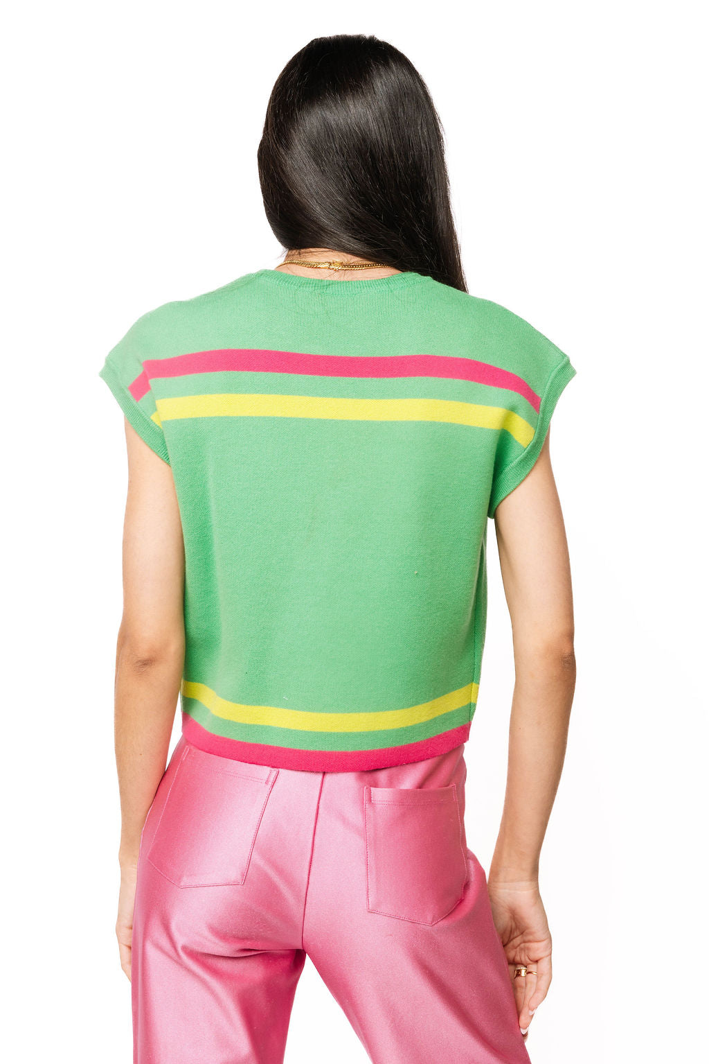 Sample Green & Pink Striped Green Hand Holding QOS Card Knit Top