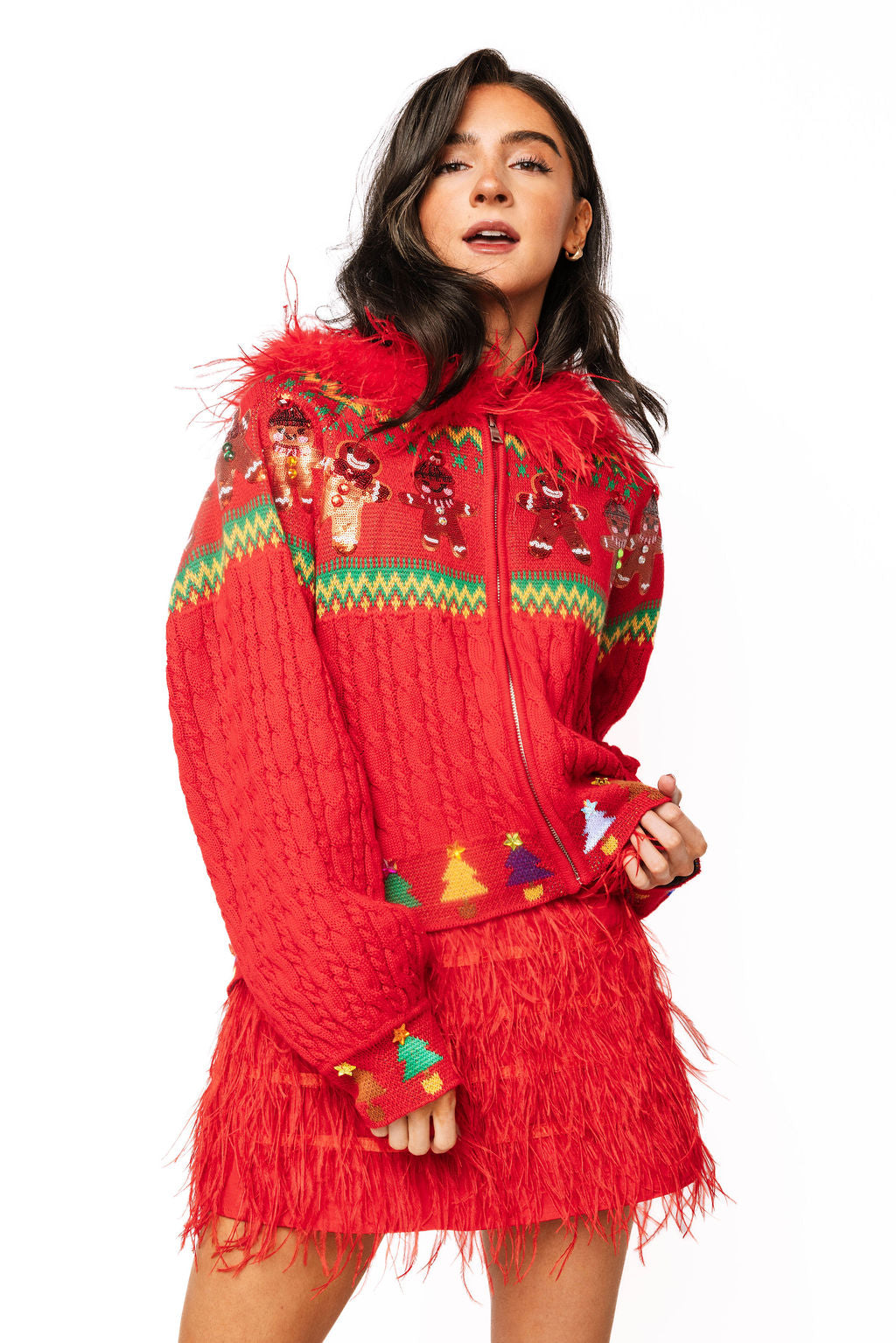 Red Knit Multi Gingerbread Man Zip Up Feather Hooded Sweater
