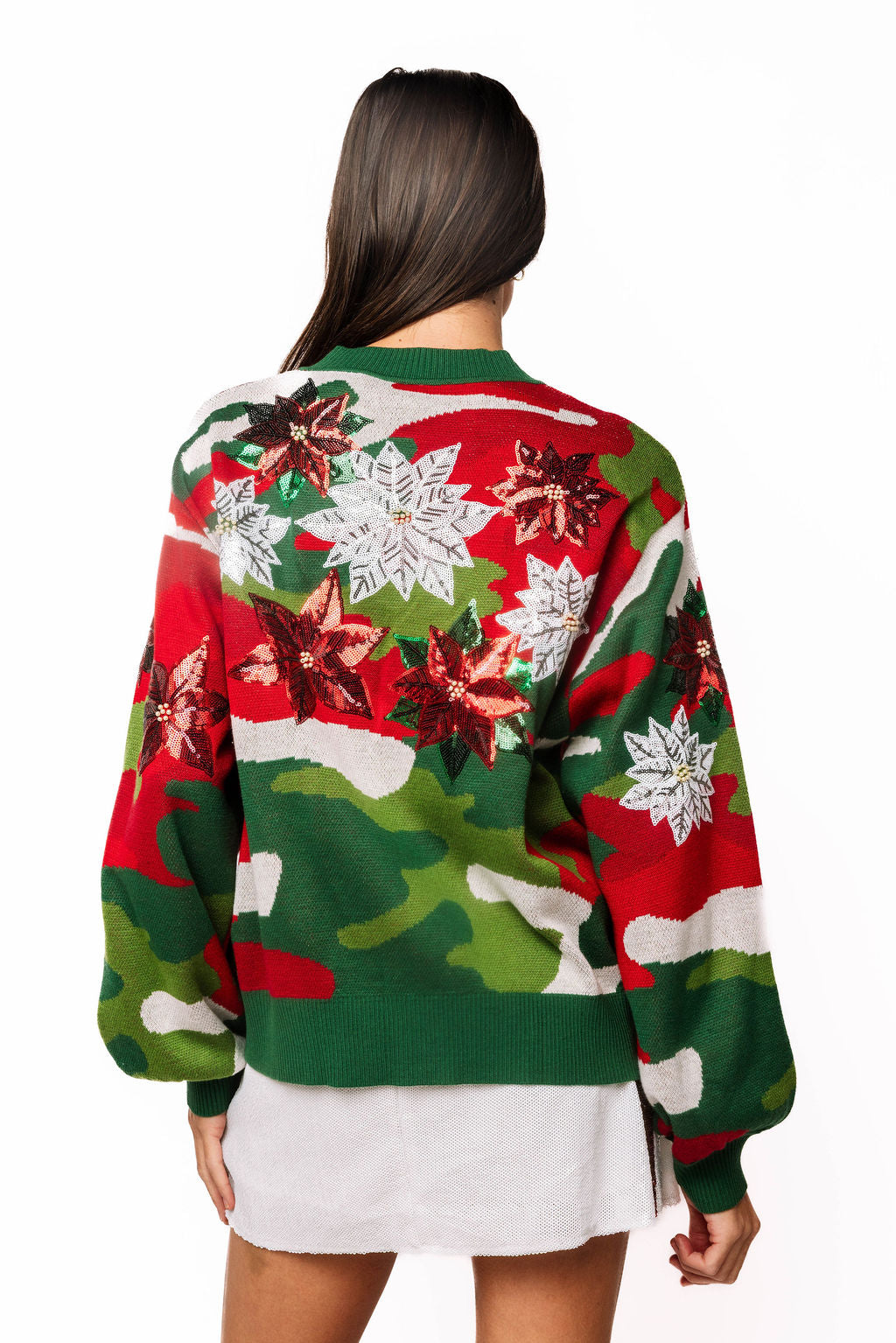 Sample Red, Green & White Camo Poinsettia Button Up Cardigan
