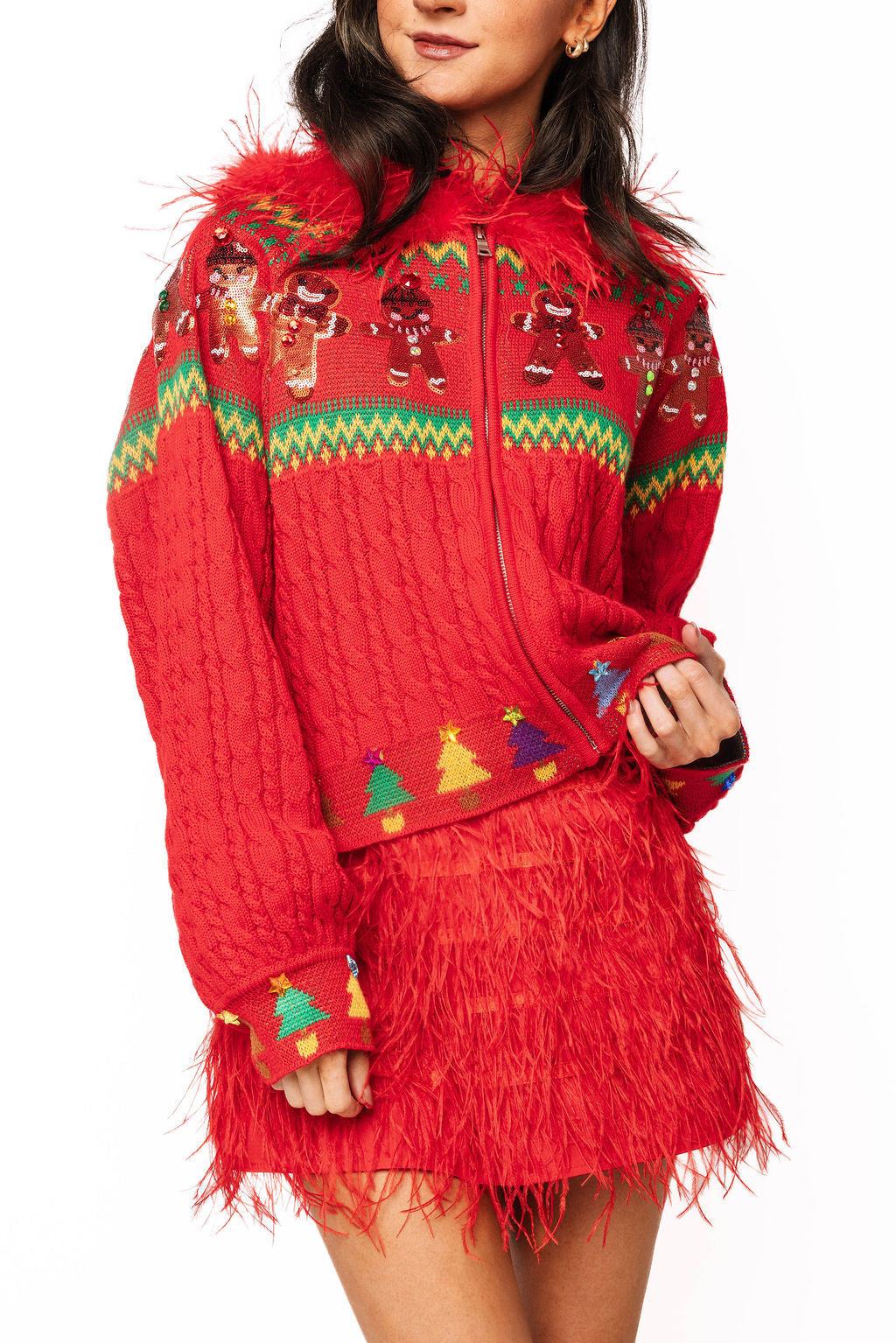 Red Knit Multi Gingerbread Man Zip Up Feather Hooded Sweater