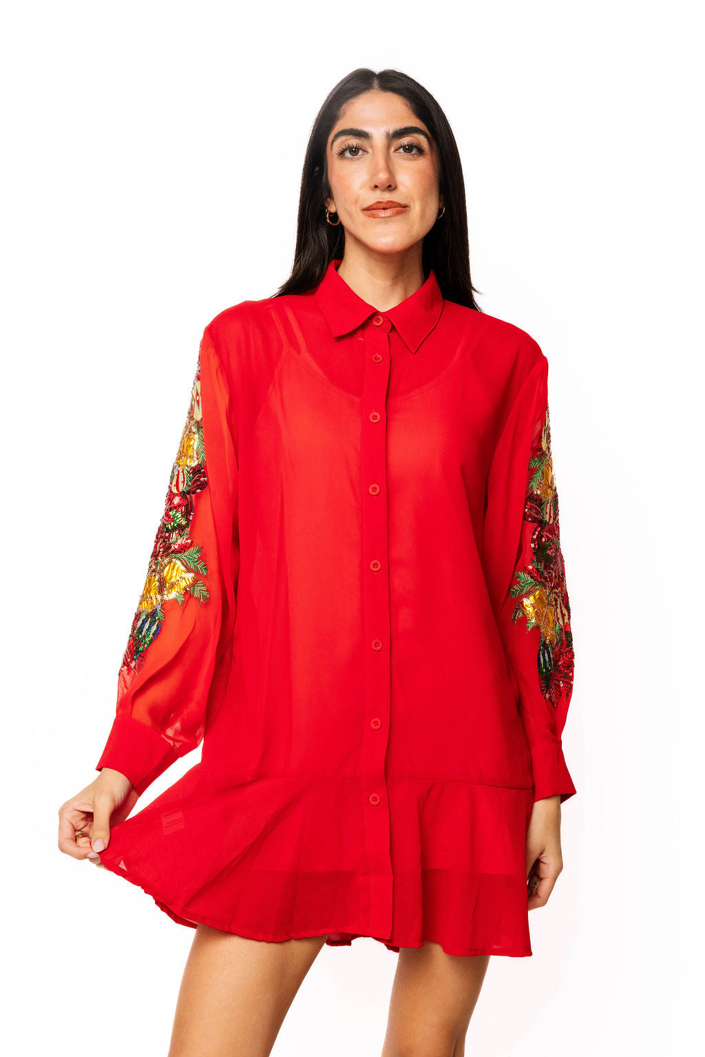 Sample Red Poinsettia & Ornament Sleeve Sheer Button Up Dress