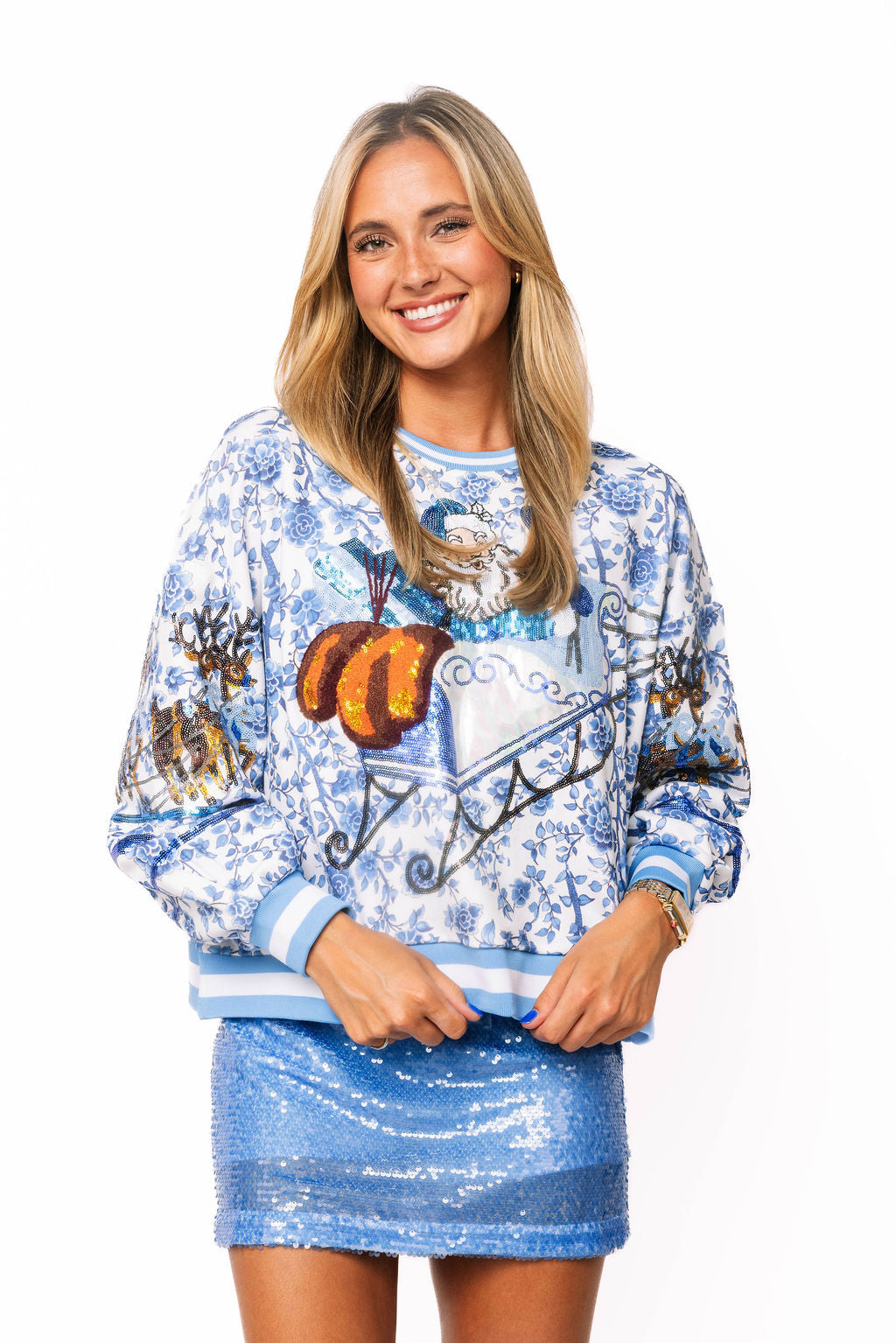 Blue & White Flower & Bow Vintage Santa Sweatshirt