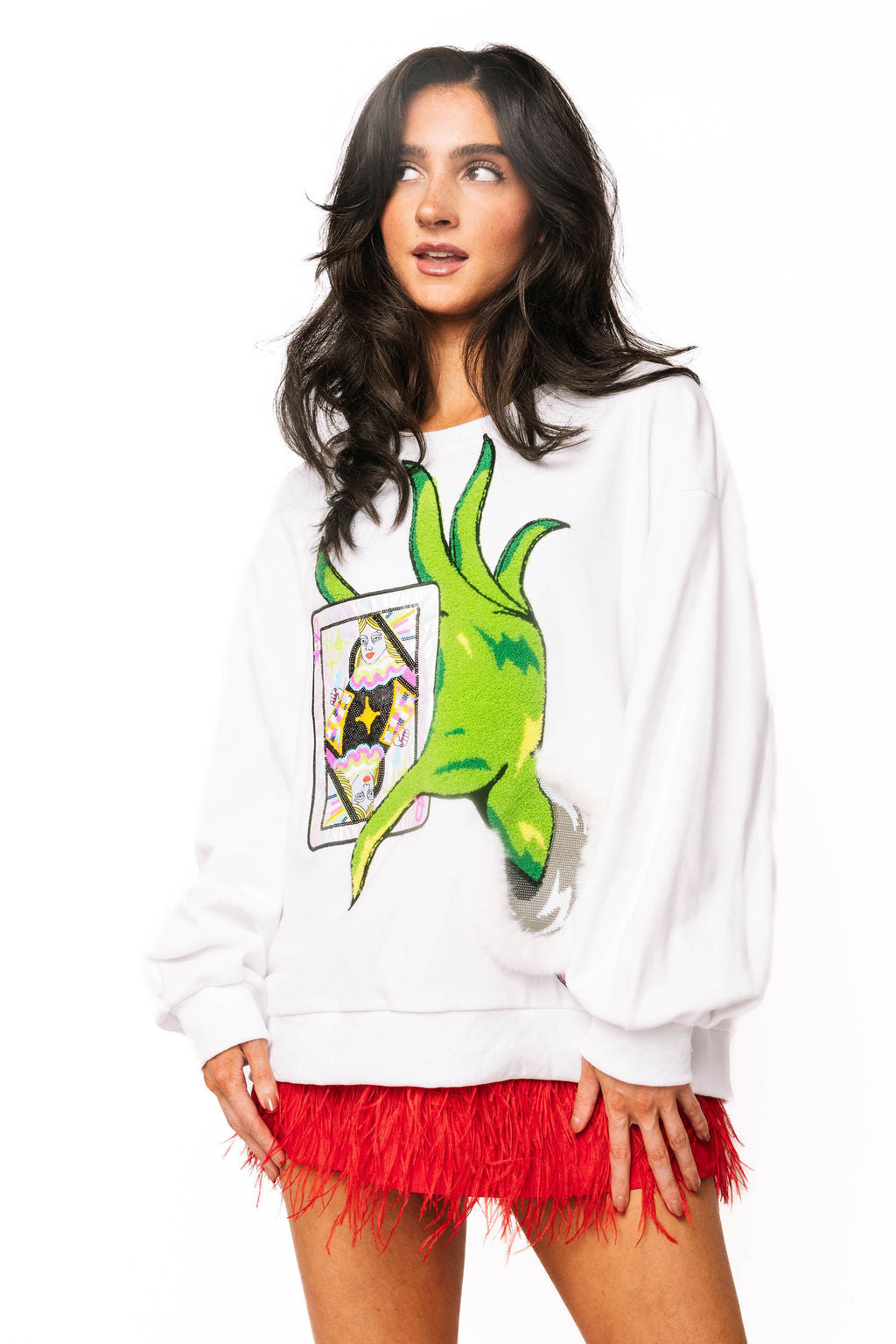 White & Green Hand Holding QOS Card Sweatshirt