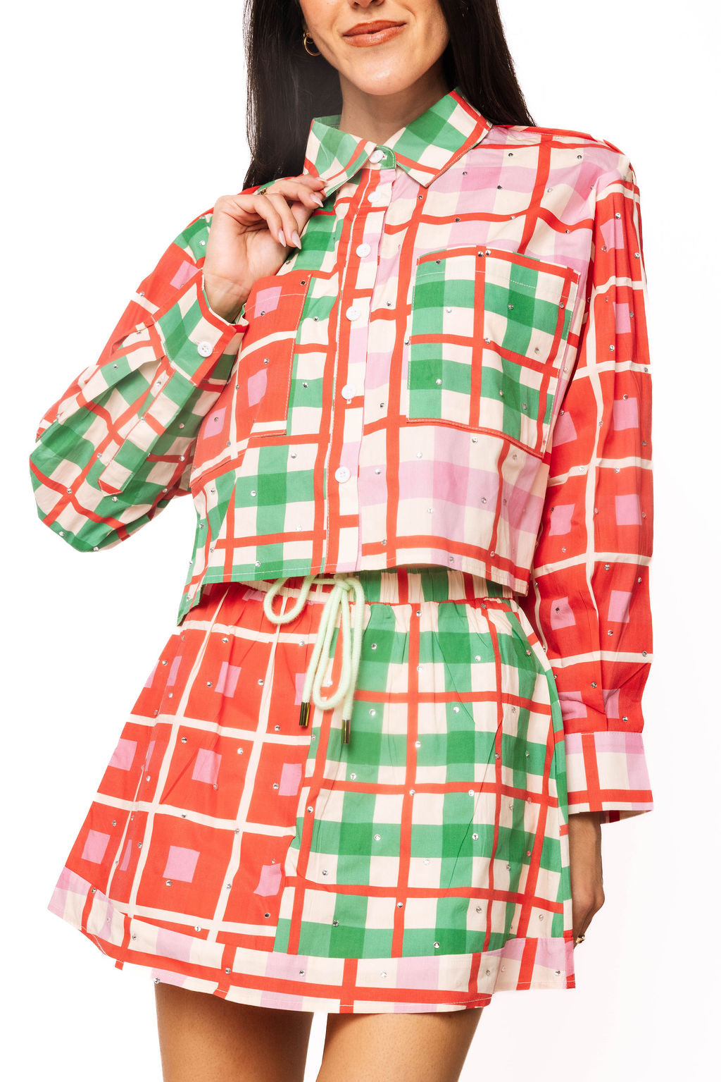 Red, Green, Ivory & Pink Plaid Button Up Rhinestone Top