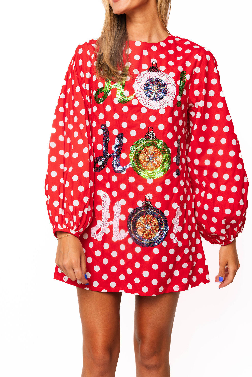 Red Polka Dot 'Ho! Ho! Ho!' Ornament Cotton Dress