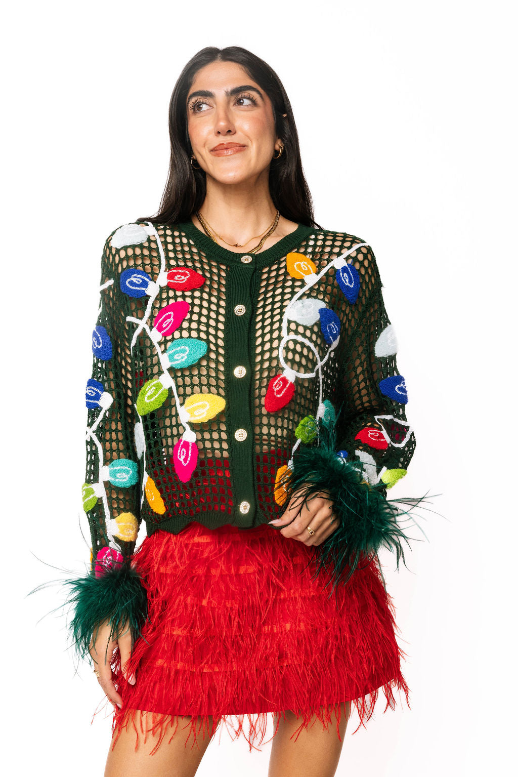 Dark Green Crochet Multi Christmas Light Feather Sleeve Top