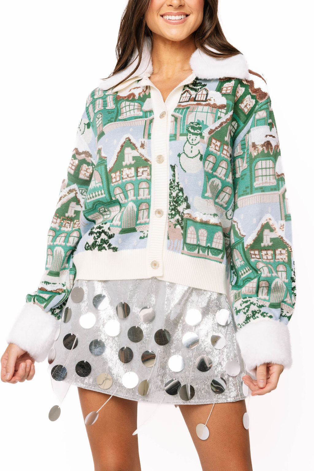 Multi Snowy Village Cardigan with Fur Collar