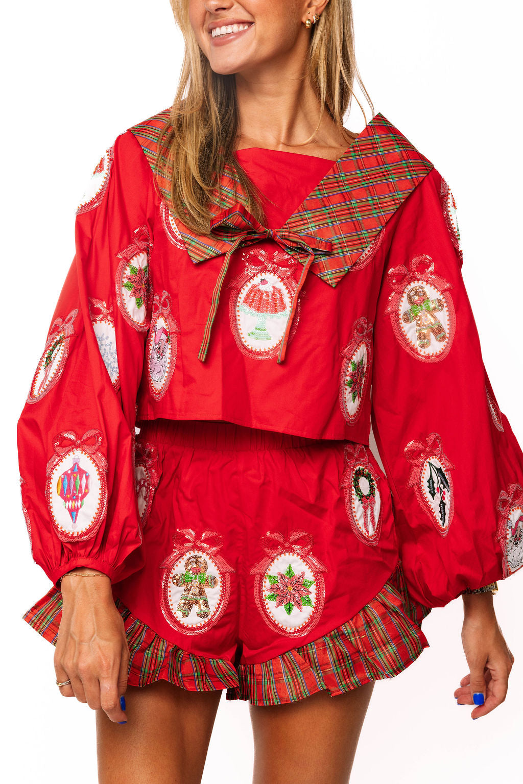 Red Christmas Icon Wallpaper Plaid Collar Cotton Top