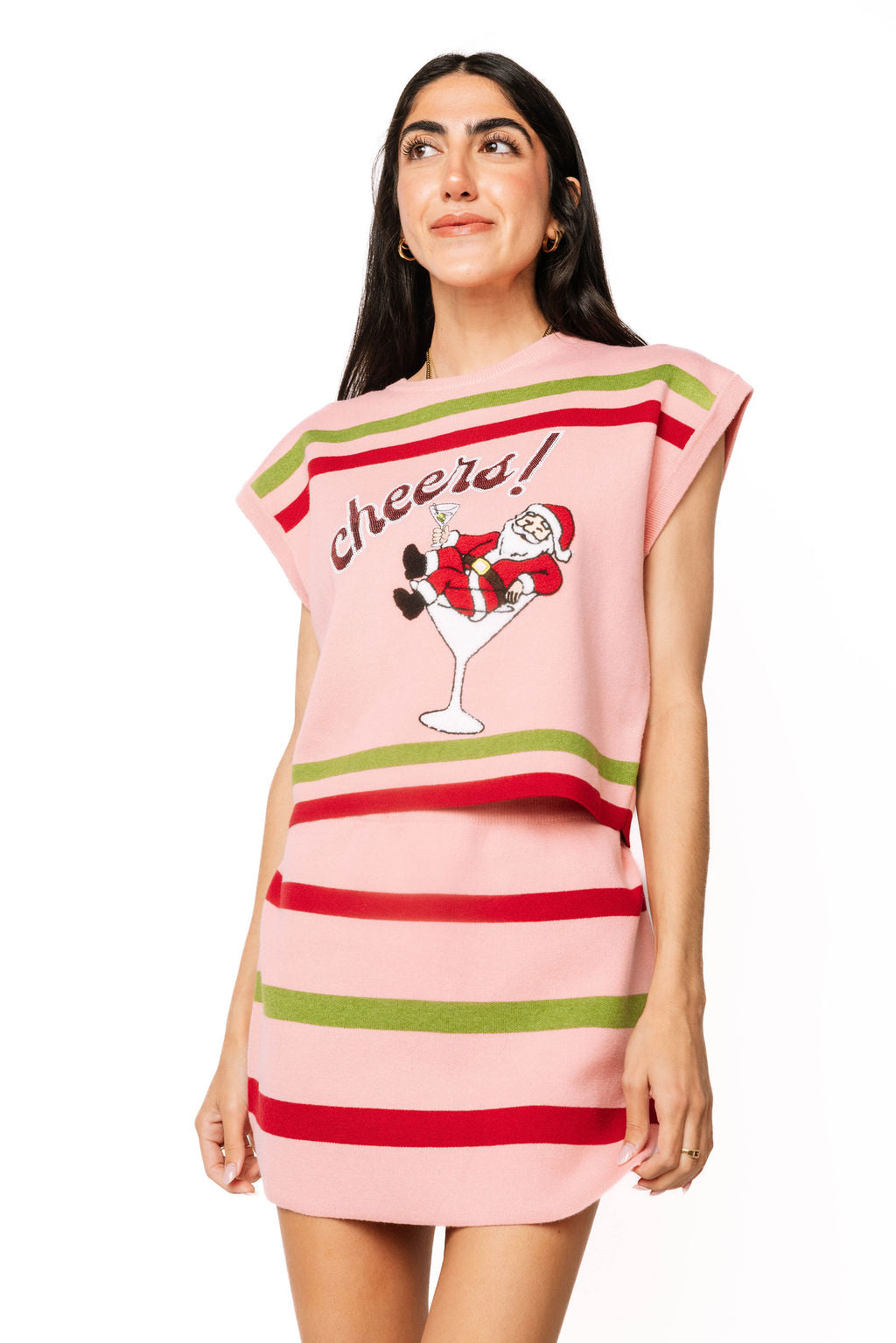 Sample Light Pink, Red & Green Striped Santa In a Martini Glass 'Cheers' Knit Top & Skirt Set