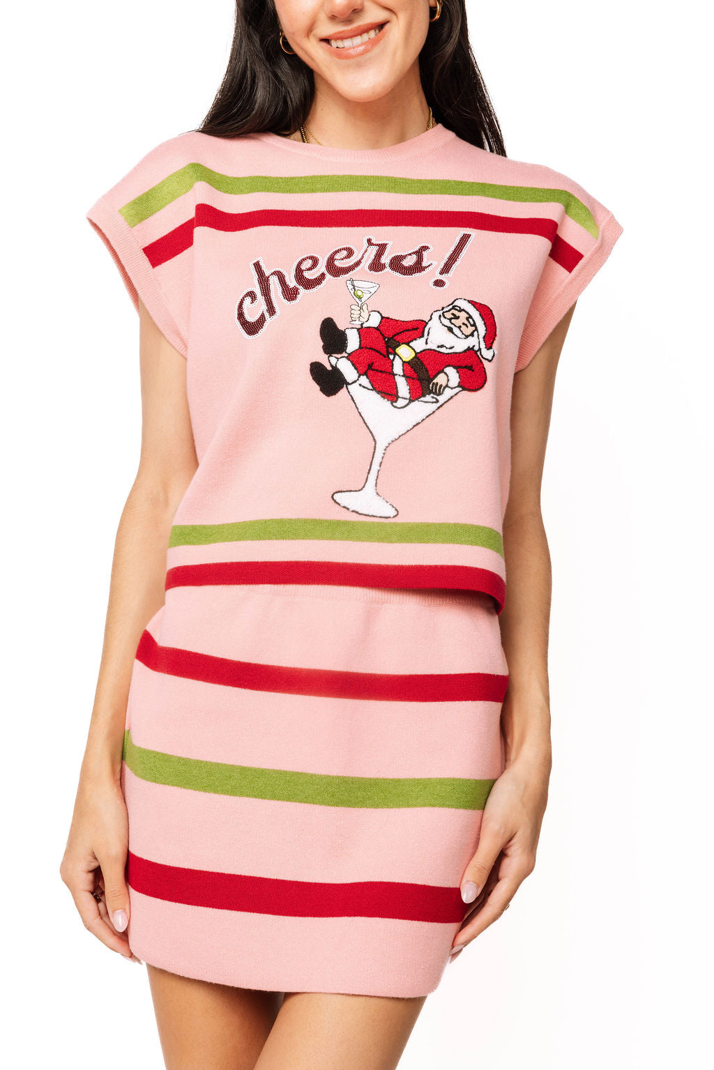 Sample Light Pink, Red & Green Striped Santa In a Martini Glass 'Cheers' Knit Top & Skirt Set