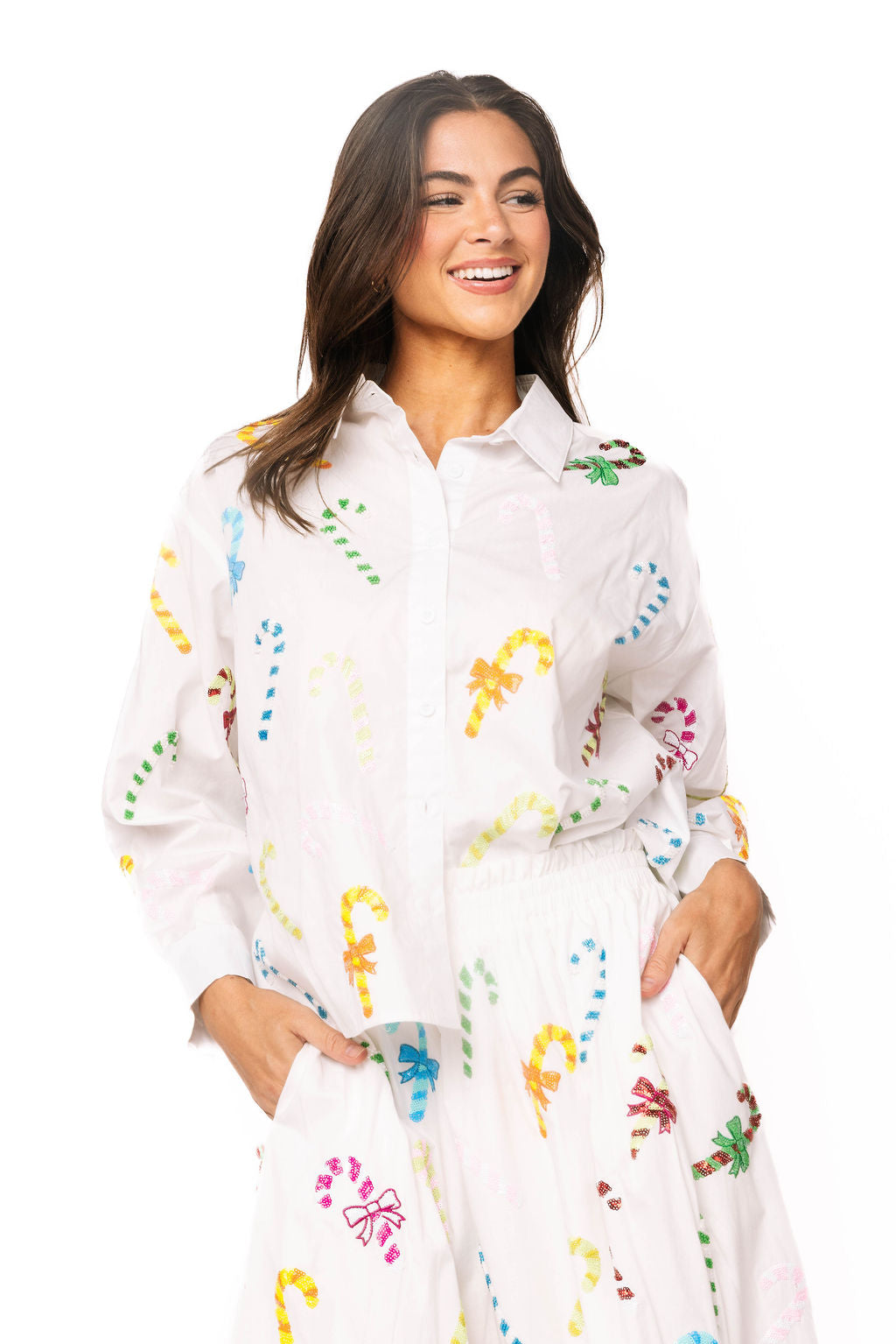 White Cotton Multi Candy Cane Button Up Top